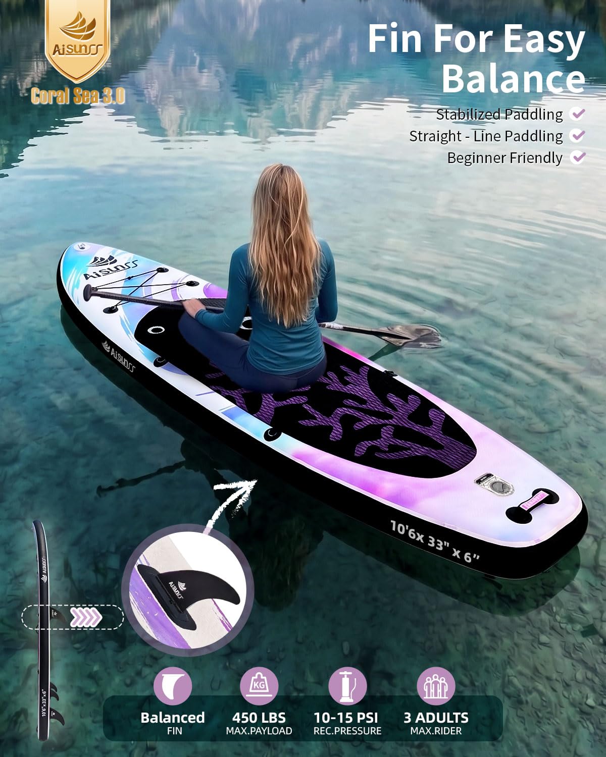 AISUNSS Inflatable Paddle Board for Adult, Paddle Board for All Skill Levels, Wide SUP Board with Primium Accessories Include SUP Carry Bag, Hand Pump, 10L Waterproof Bag