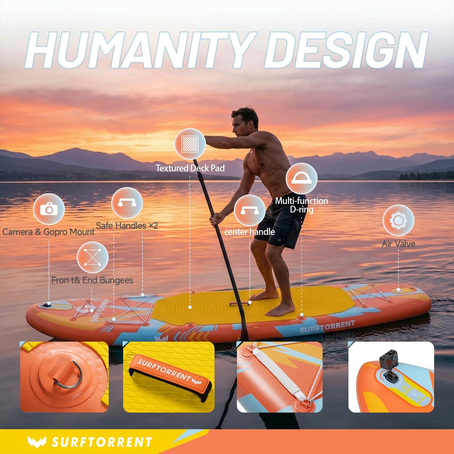 Surftorrent 11’x 33" Inflatable Stand Up Paddle Board for Adults & Youth - Wide Stable Design, Non-Slip EVA Deck, Includes Premium SUP Paddle Board Accessories, All Skill Levels (Laser Light-JH)
