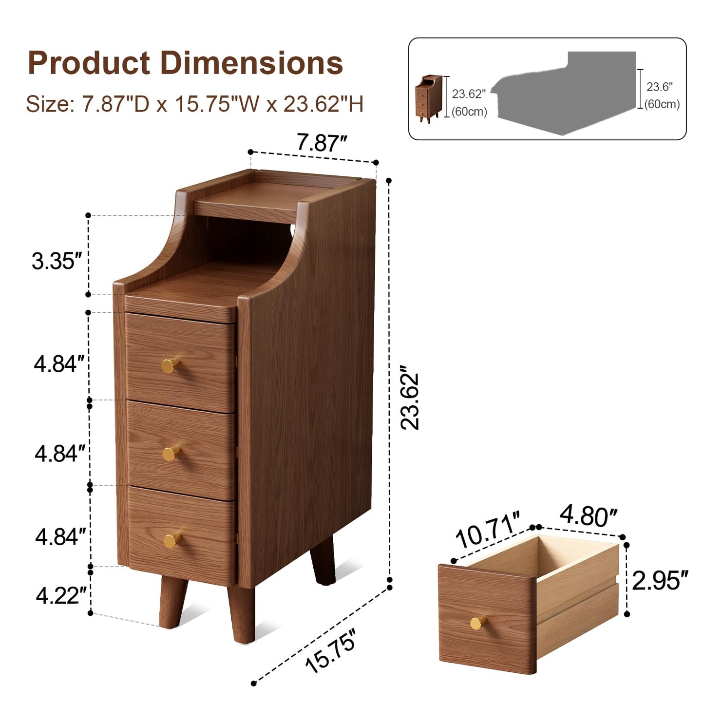 Solid Wood Narrow Nightstand with Drawers,Walnut Nightstand Wood Bedside Table Modern for Bedroom,Study,Toilet