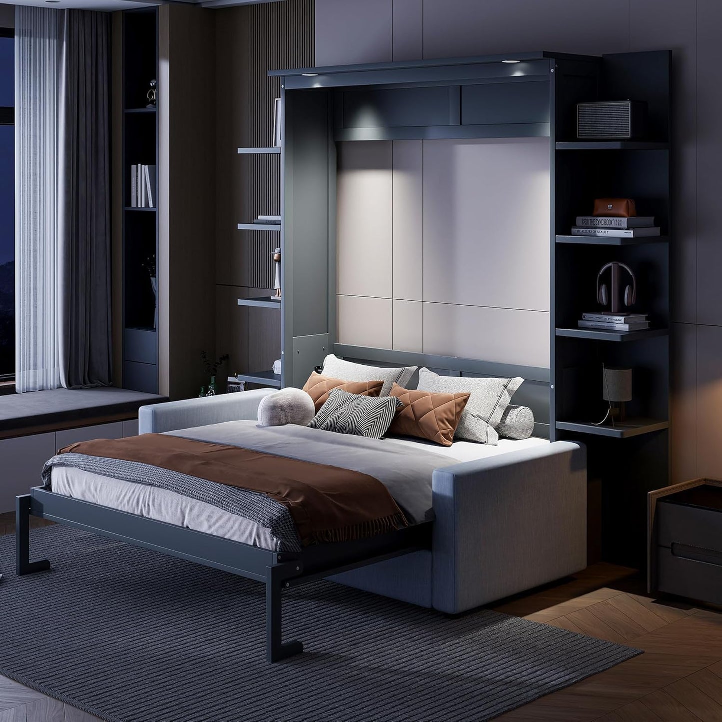 Queen Murphy Bed with Couch and Storage Shelves,Wood Murphy Wall Bed Cabinet with Storage Shelves and Sofa,Folding(Grey)