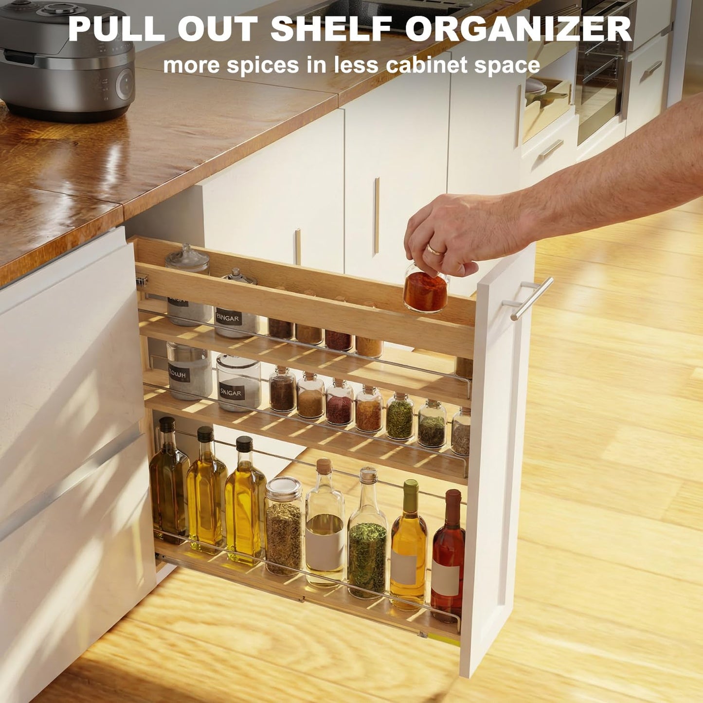 Gsskny Pull Out Spice Rack Organizer for Cabinet, 8" W x 22.3" D x 25.2" H Multi-Use Solid Wood Slide Out Shelf for Kitchen Cabinet, Sliding Spice Rack for Cans & Jars, Pantry Organization