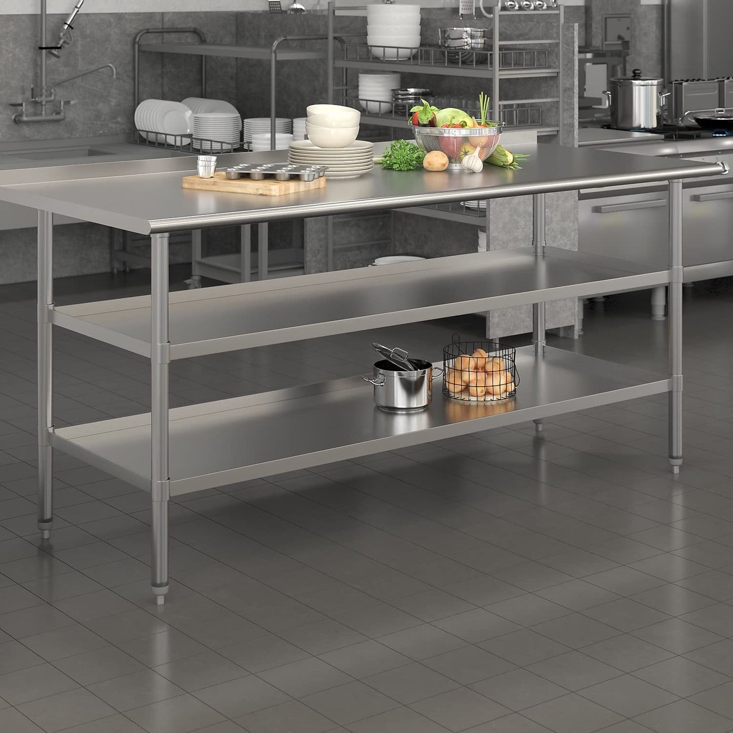 Flash Furniture Ravenel Stainless Steel 18 Gauge Work Table with 1.5" Backsplash and 2 Undershelves - 72"W x 30"D x 34.5"H, NSF