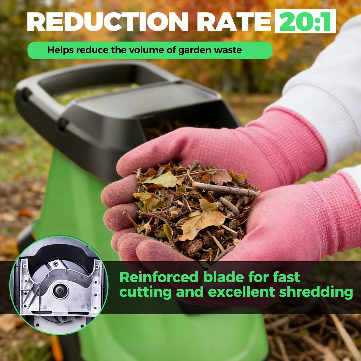 ZHDANB Wood Shredder, Mulching Machine, 40mm/1,57in Branch Chipper, 50L Collection Bag, Home Garden Shredder Electric, for Processing Branches, Sticks & Yard Waste Green