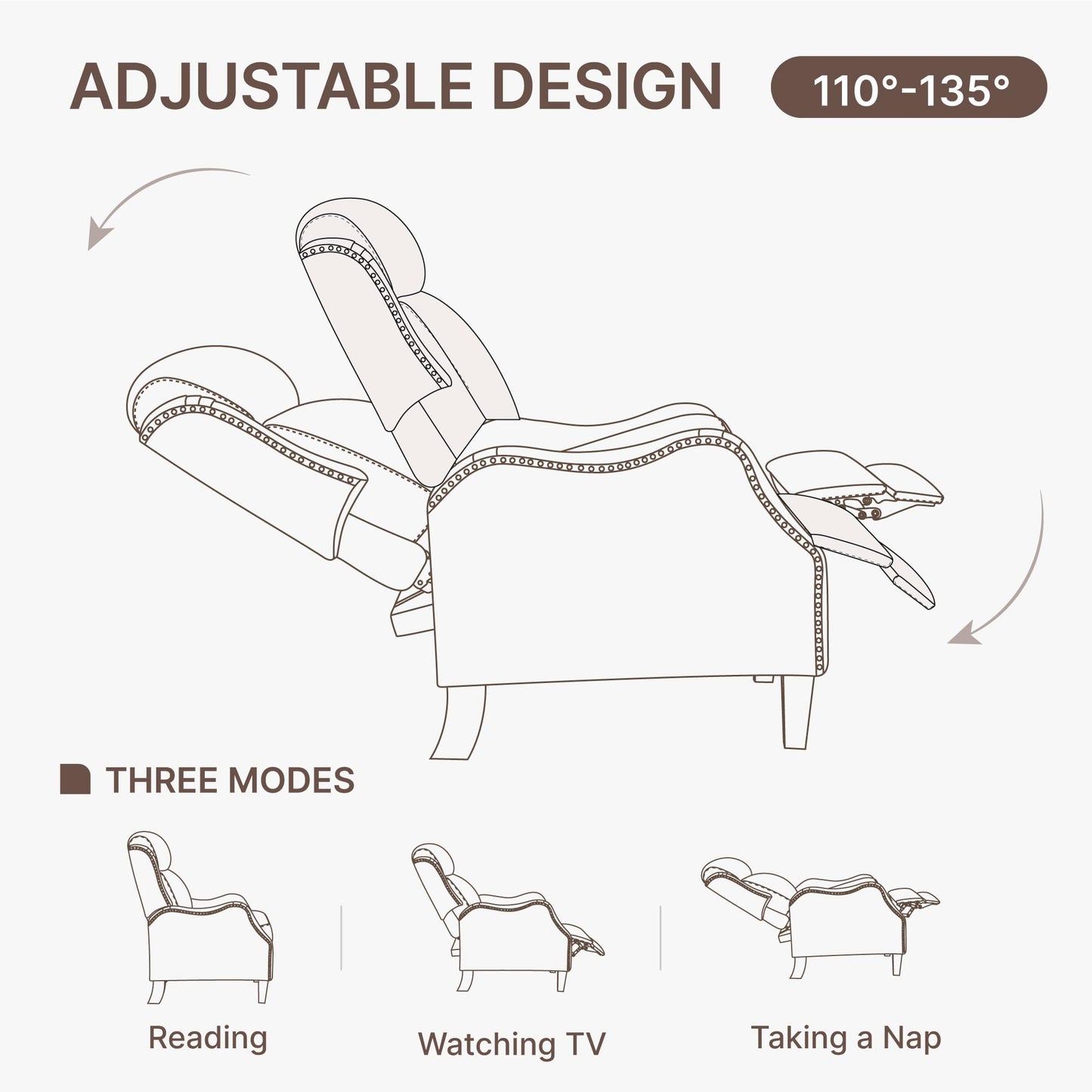 KISLOT Leather Pushback Recliner Faux Armchair with Rivet Decoration Single Sofa Accent Chair for Living Room Bedroom