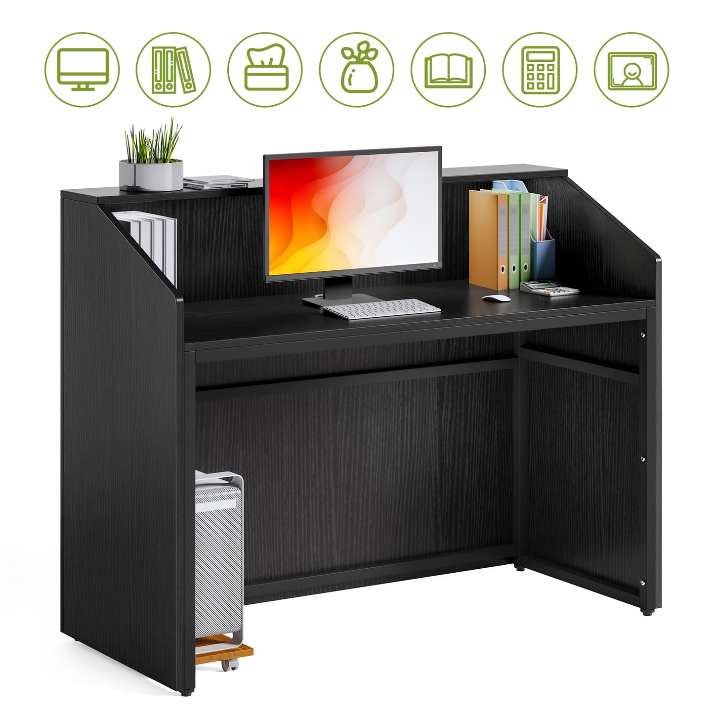 LITTLE TREE 47-Inch Reception Desk with Counter, Black Front Desk Reception Room Table, Retail Counter for Checkout, Modern Welcome Desk for Lobby, Office, Beauty Salon