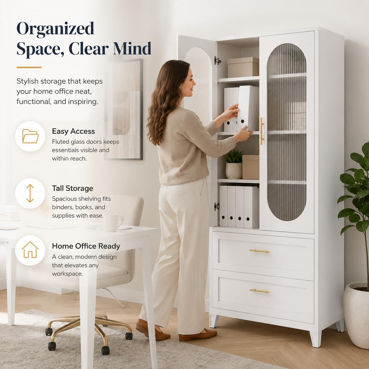 Garvee 74" H Storage Cabinet, Freestanding Pantry Cabinet, Frosted Glass Doors, Fluted Design, 4 Door Cabinet with Adjustable Shelf, Kitchen Bathroom Dining Room Living Room Office, White