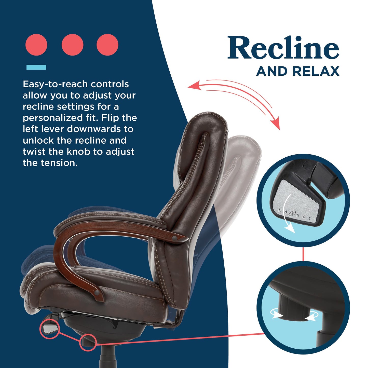 La-Z-Boy® Bellamy Executive Office Chair with Memory Foam Cushions, Real Wood Arms and Swivel Base, Waterfall Seat Edge, Faux Bonded Leather, Brown