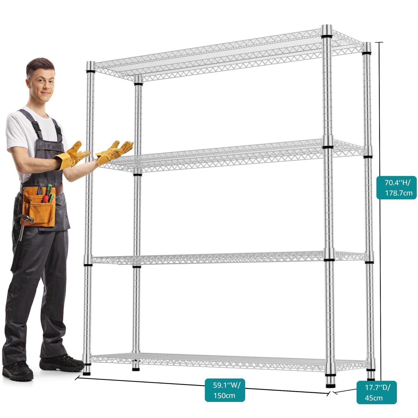 M MZG 4 Tiers Shelf 2640 lbs Steel Storage Shelving Utility Shelving Unit Steel Organizer Wire Rack for Home,Kitchen,Office,Garage Chrome 17.7" D x 47.2" W x 70.3" H