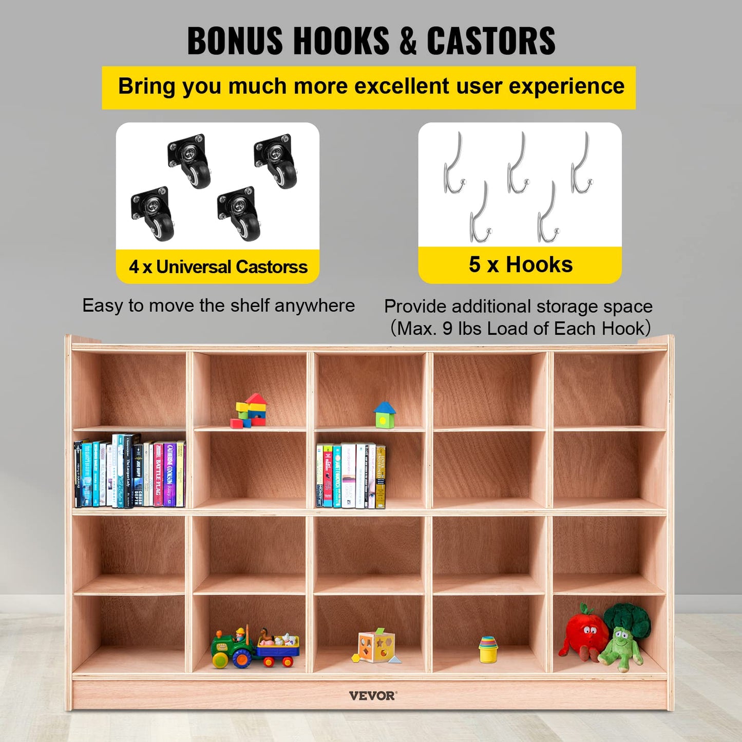 VEVOR Cubby Mobile Tray Storage Cabinet, 20-Compartment Cubby Storage Shelf, Cubby Storage Cabinet 4 x 5, Classroom Cubbies, Classroom Furniture for Home, Daycare and Preschool, Natural