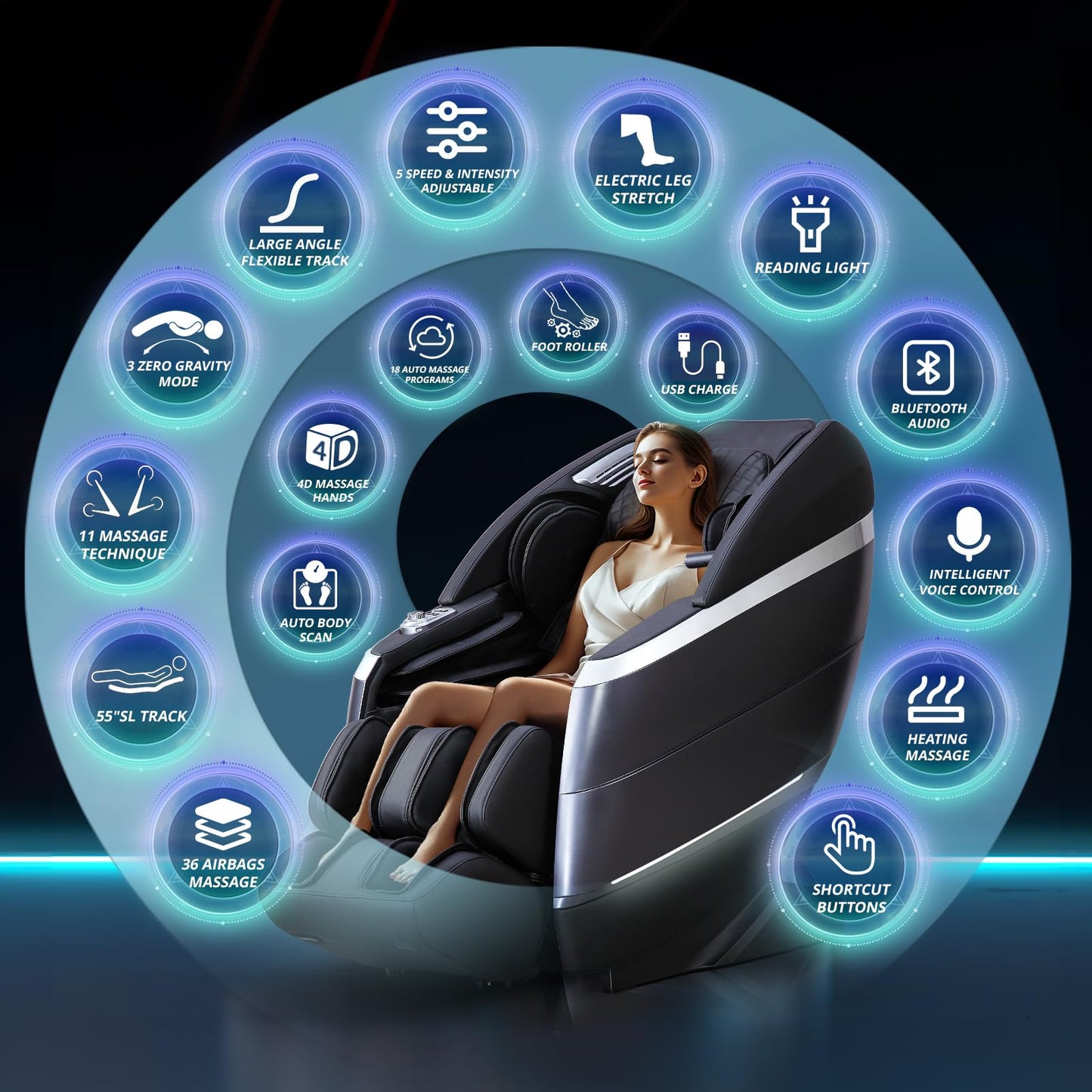 HealthRelife 4D Massage Chair Full Body, 166° Flexible Track, 18 Modes, 11Technique, 36 Airbag Massage, with Yoga Stretch, Foot Massage, Zero Gravity Massage Recliner（Black）