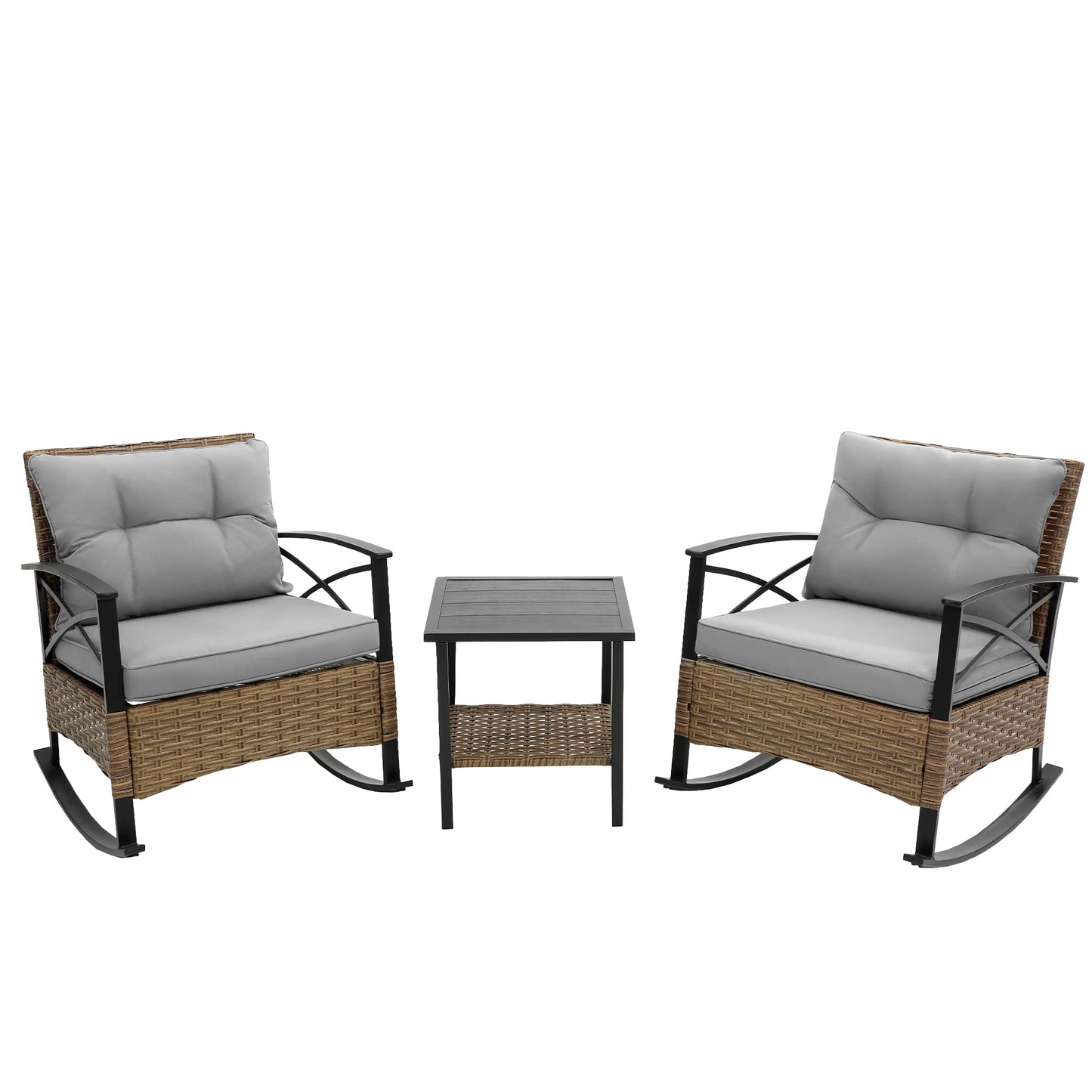 GDFStudio 3-Piece Outdoor Rattan Rocking Chair Set, Patio Wicker Rocker Chairs with Cushions & Side Table, Modern Conversation Set for Porch, Balcony, Garden, Backyard, Grey Cushions