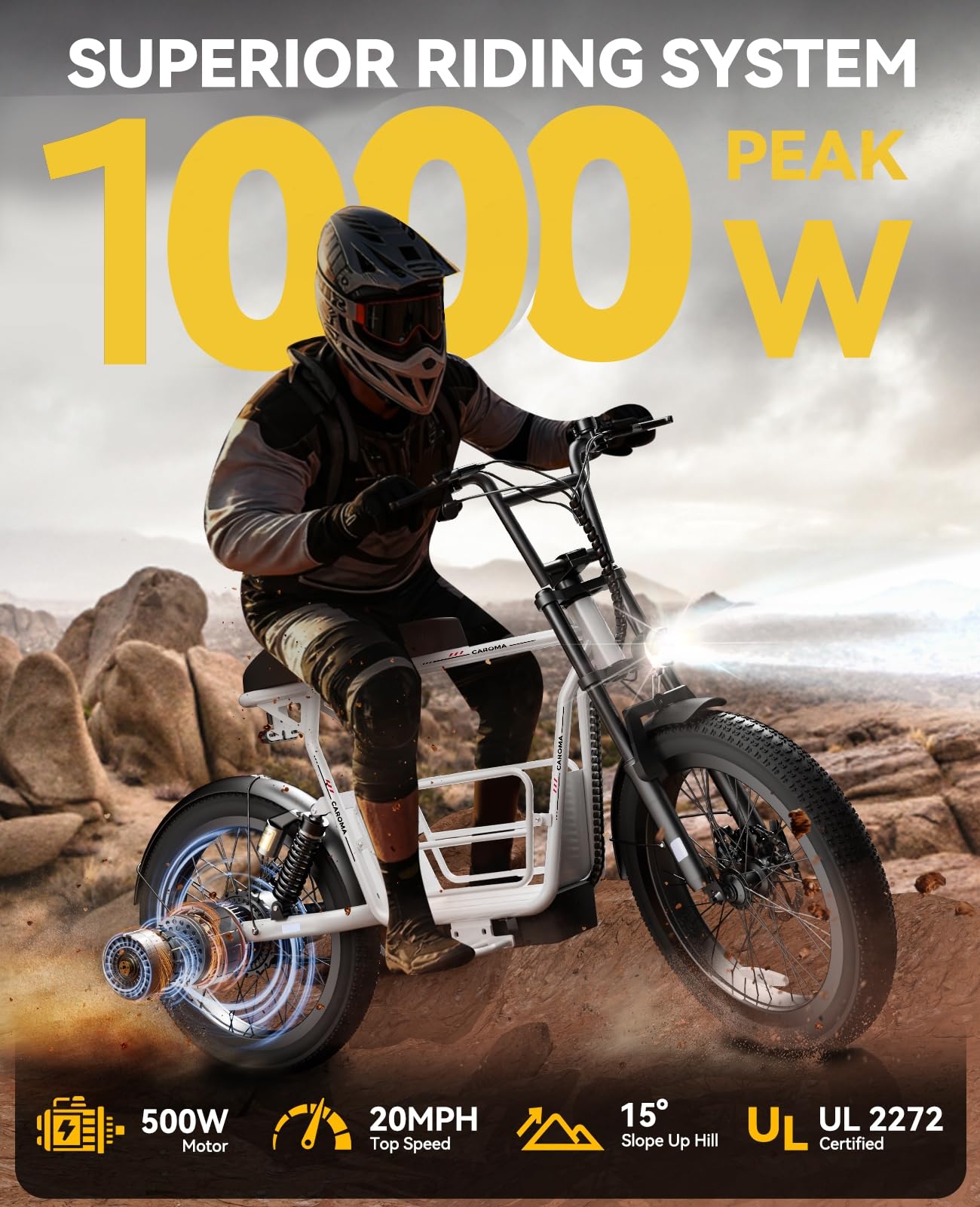 Caroma Electric Scooter for Adults with Seat Peak 1000W, 20" All-Terrain Fat Tire Electric Bike,Dual Shock Absorbing, 25 Miles & 20MPH Top Speed E-Scooter with Basket for Pet&Cargo,White