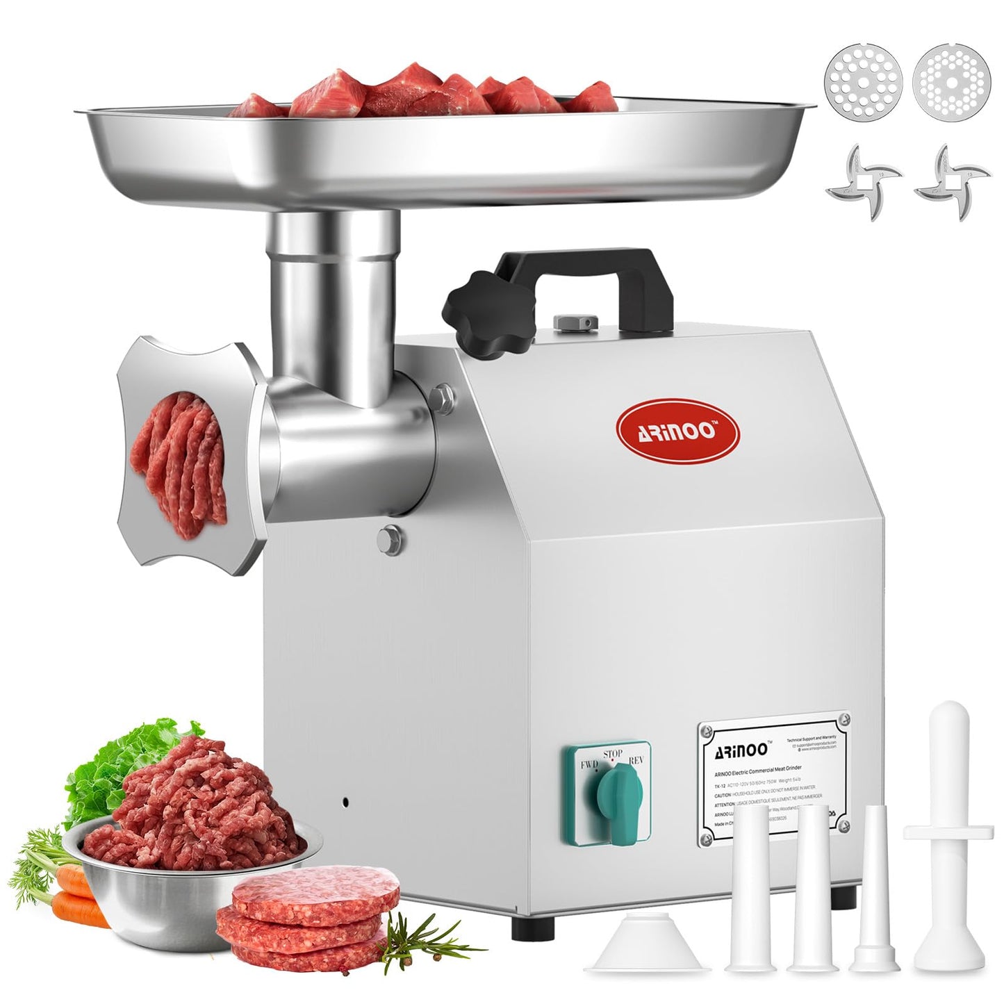 ARINOO #12 Commercial Meat Grinder,1.0HP Professional Electric Meat Mincer,Heavy Duty Stainless Steel Sausage Stuffer with 2 Blades,3 Stuffing Tubes for Kitchen,restaurant,Small-Batch Processing Farms