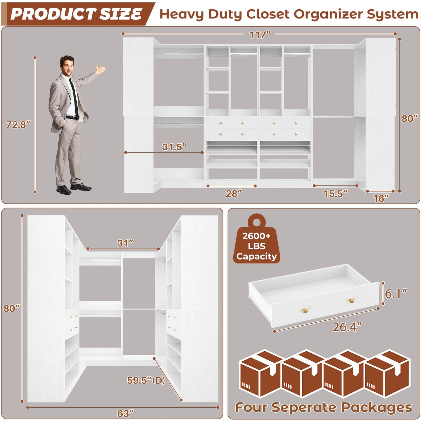 Besiost Closet System with 4 Drawers & Corner Tower, Closet Organizer System with 4 Hanging Robs, Reversible U Shaped Walk-in Closet System, Load 2600+LBS Capacity, Set of 4, White