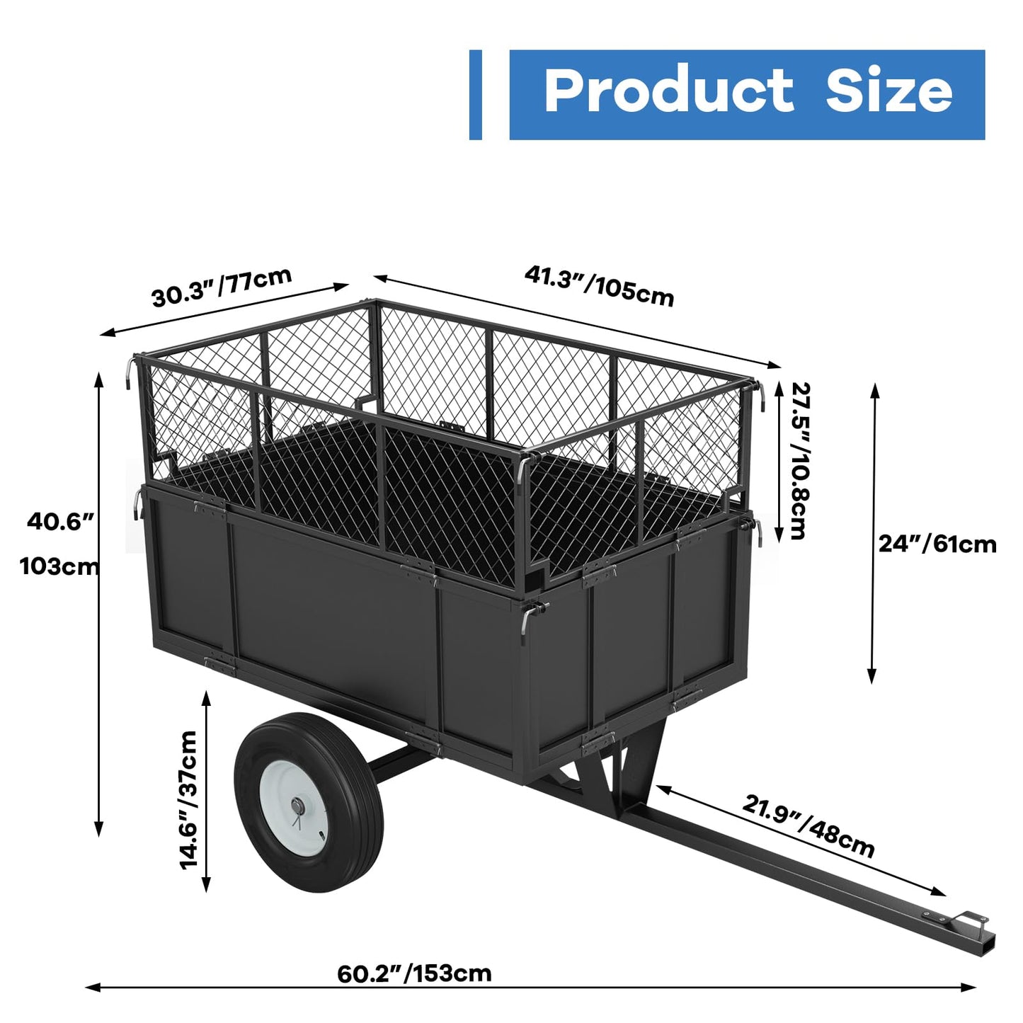 Garden Utility Trailer, ATV UTV Trailer Tow Behind Dump Cart, Heavy Duty 750lbs Garden Dump Cart with 17 Cu. Ft Bed, Steel Dump Trailer for Lawn Mower, Tractor, Removable Sides, Pneumatic Tires, Black