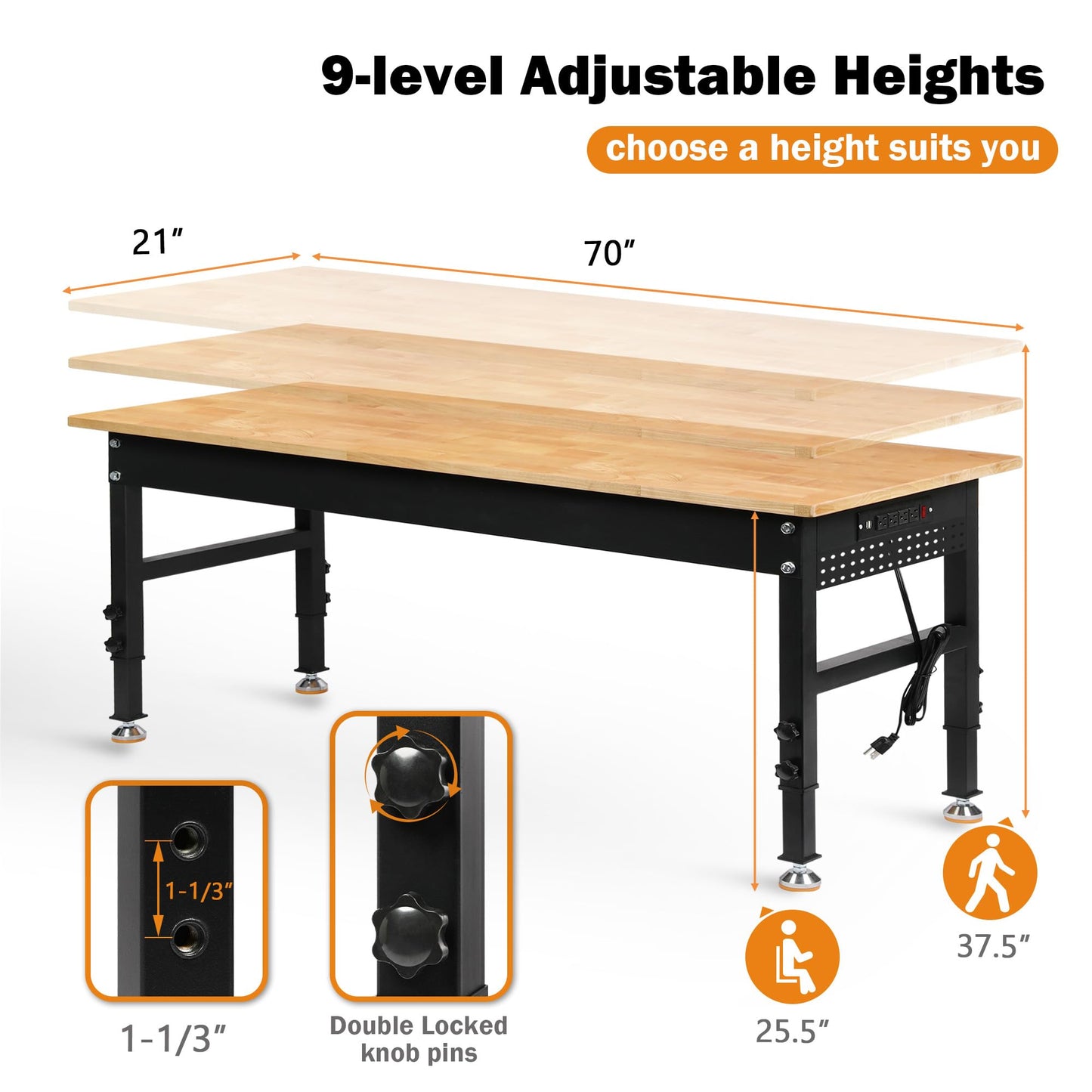 Betterhood 70" Adjustable Height Workbench, 2000 LBS Heavy Duty Work Table with Power Outlets & Pegboard, Rubber Wood Workstation for Garage, Workshop, Office, Home, Commercial