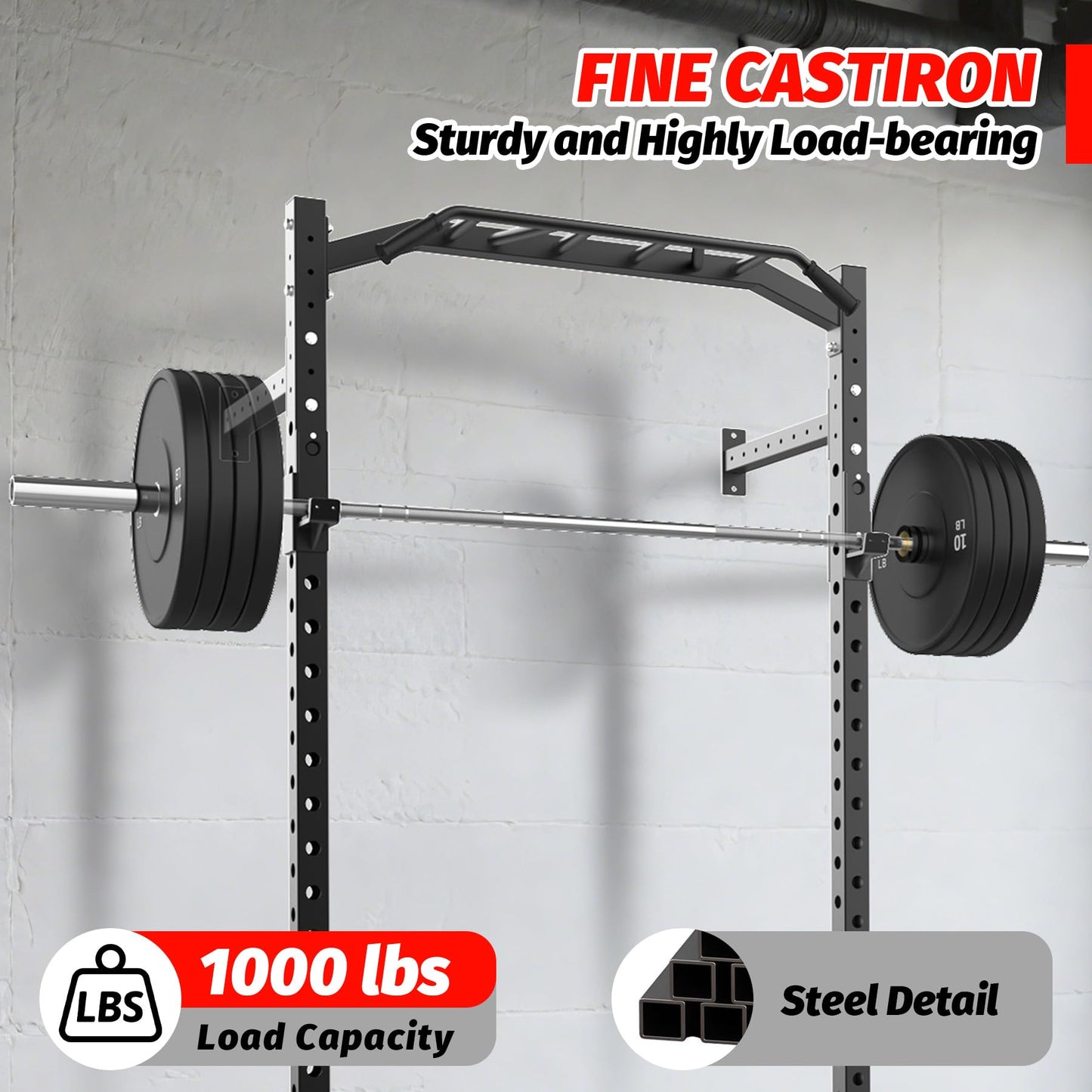 Garvee Wall Mounted Power Rack, 1600LB Commercial Squat Rack for Home Gym with Multi-Grip Pull Up Bar, j-Cups & Landmine Attachment for Home and Garage Gym