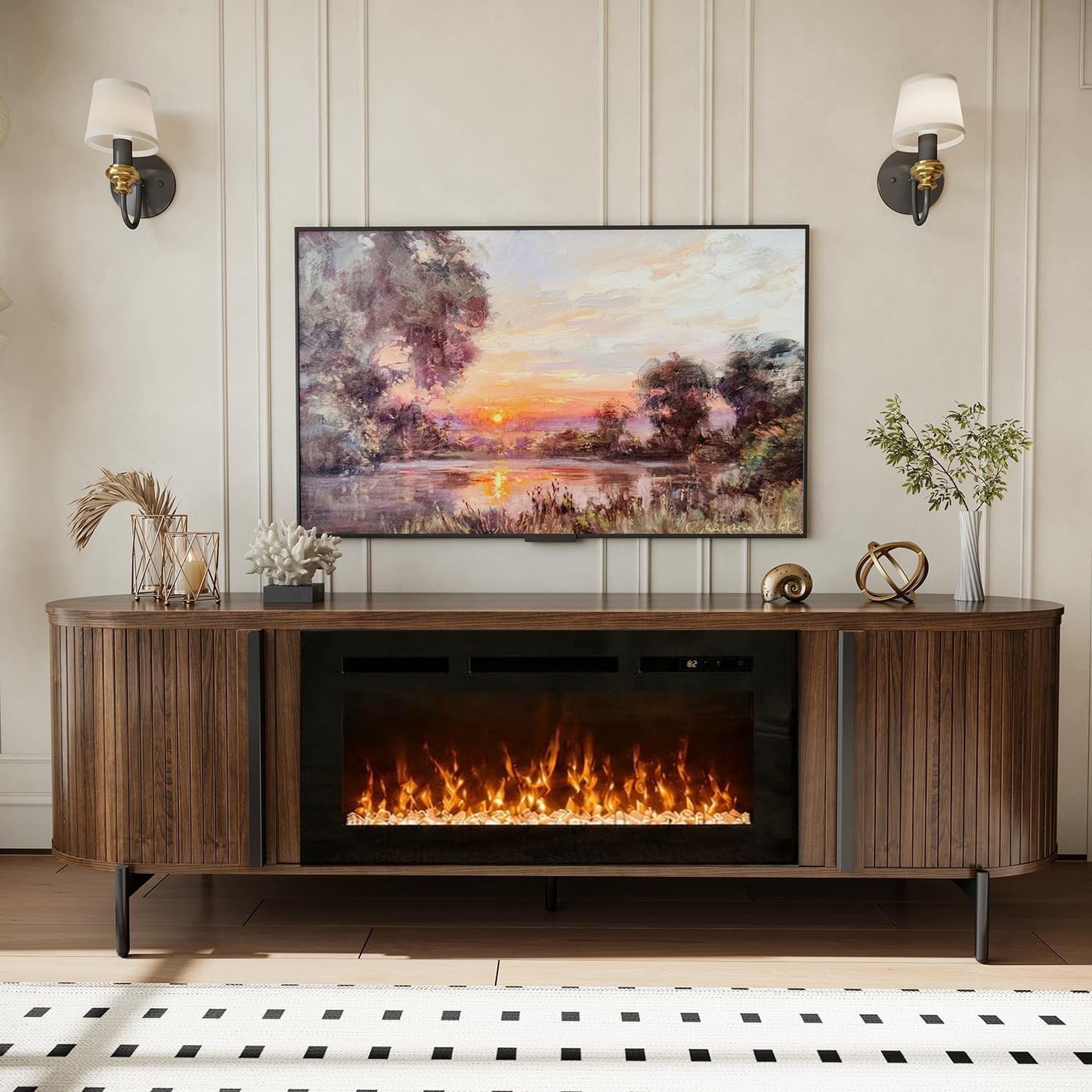 Nordivale Luxury 70" Fluted TV Stand with Fireplace, Modern Chic Entertainment Center for TVs Up to 80", TV Console for Living Room, Media Cabinet with Storage,70 Inch, Walnut