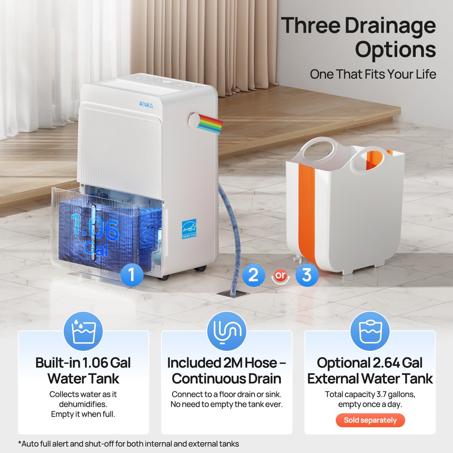 KNKA ENERGY STAR 4500 Sq.Ft Dehumidifier, Max 80 Pint/Day Dehumidifier with Drain Hose, Dehumidifier for Basement, Bedroom, Bathroom, Large Room, Smart Humidity Control, Dual Timer, Sleep Mode