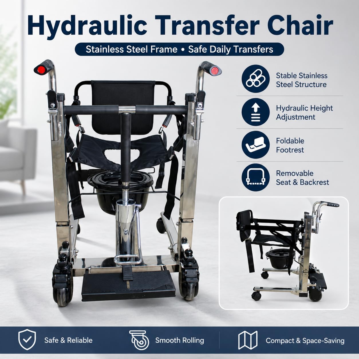 Patient Lifts for Home Use. Patient Lift Transfer Chair. 4-in-1 Transfer Chair & Commode Chair. Hydraulic Lift Chair for Elderly. Chair Lift for Bed to Toilet. Steel Frame. Dual Handle