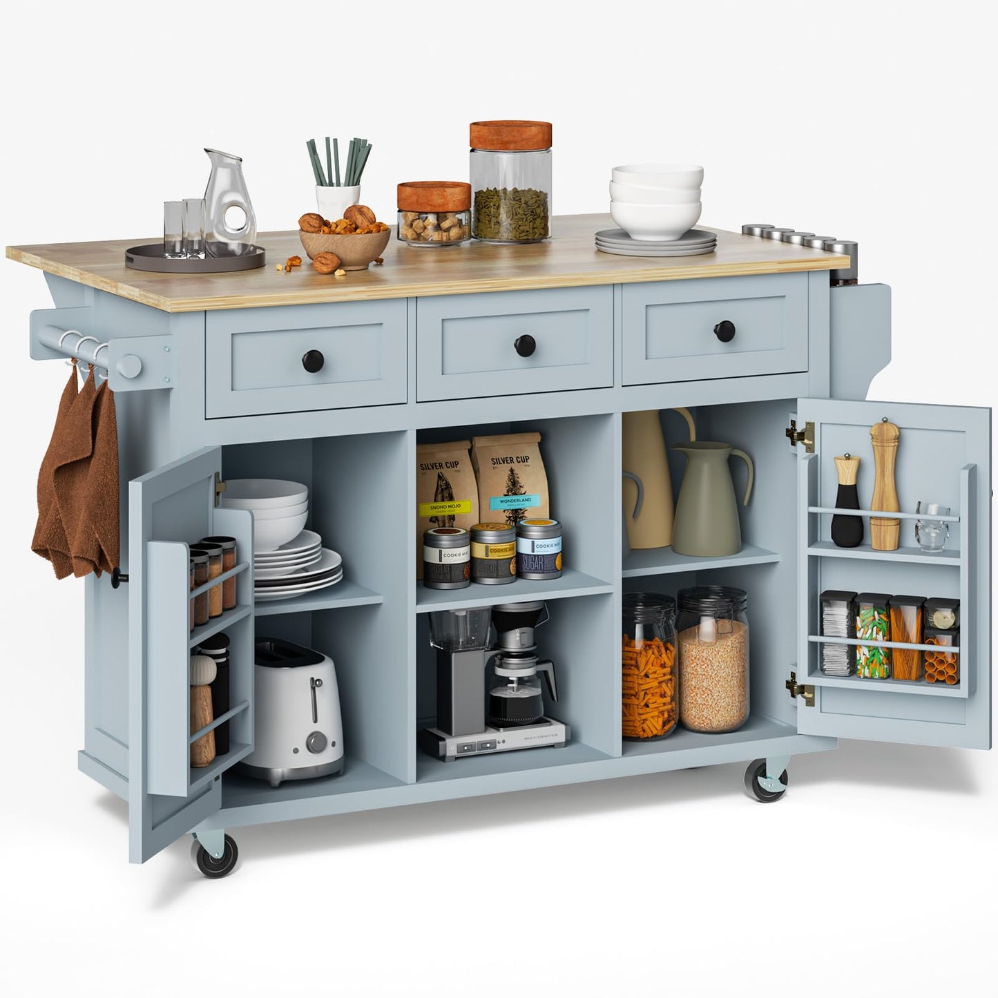 Rovibek Kitchen Island with Drawers 53 in Rolling Island Cart Mobile Portable Islands on Wheels Solid Wood Island with Storage Cabinet & Drawers, Blue