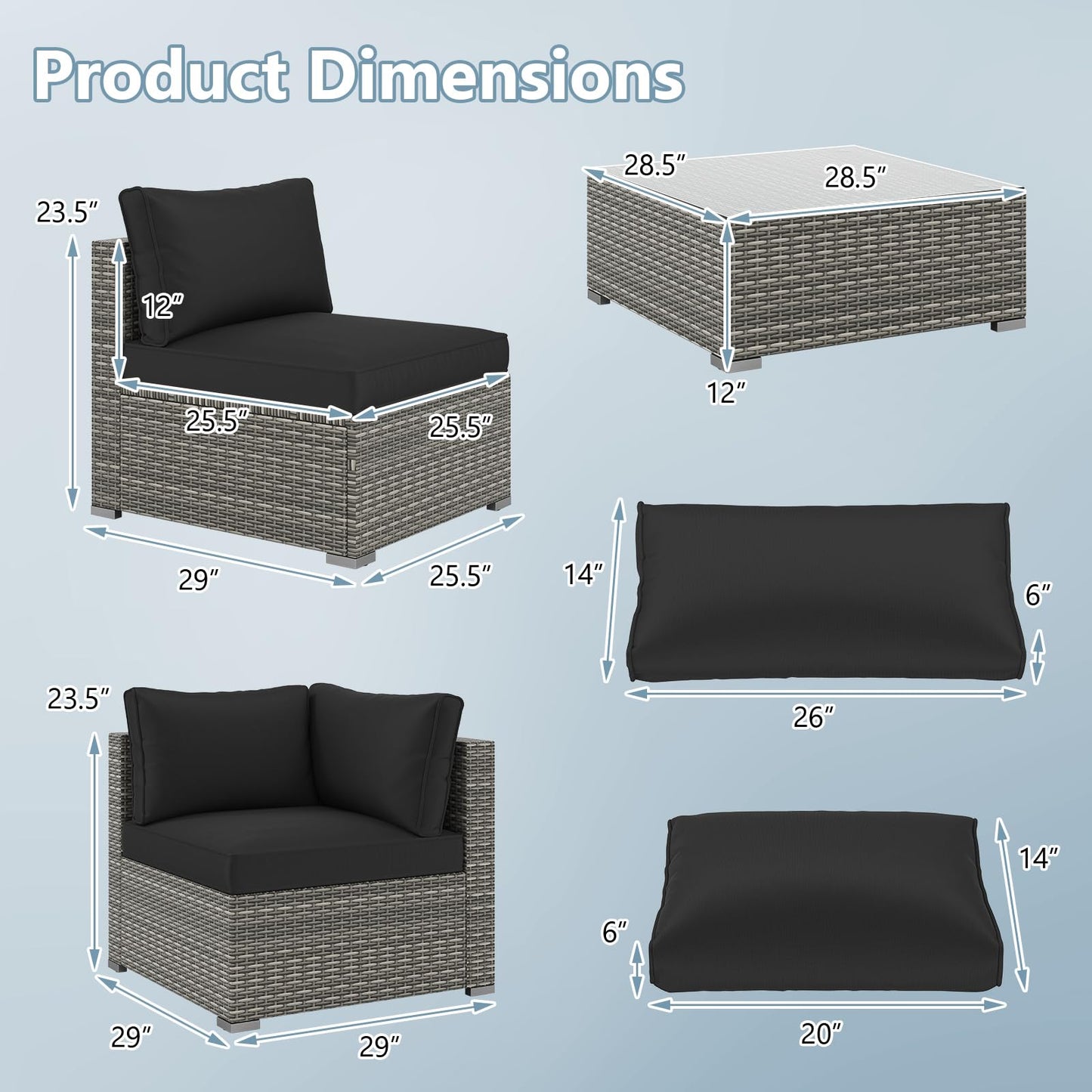 Tangkula 5-Piece Outdoor Patio Sectional Sofa Couch, PE Rattan Conversation Set w/Glass Coffee Table & Cushions, Outdoor Furniture Set w/Sturdy Metal Frame for Garden Poolside Backyard