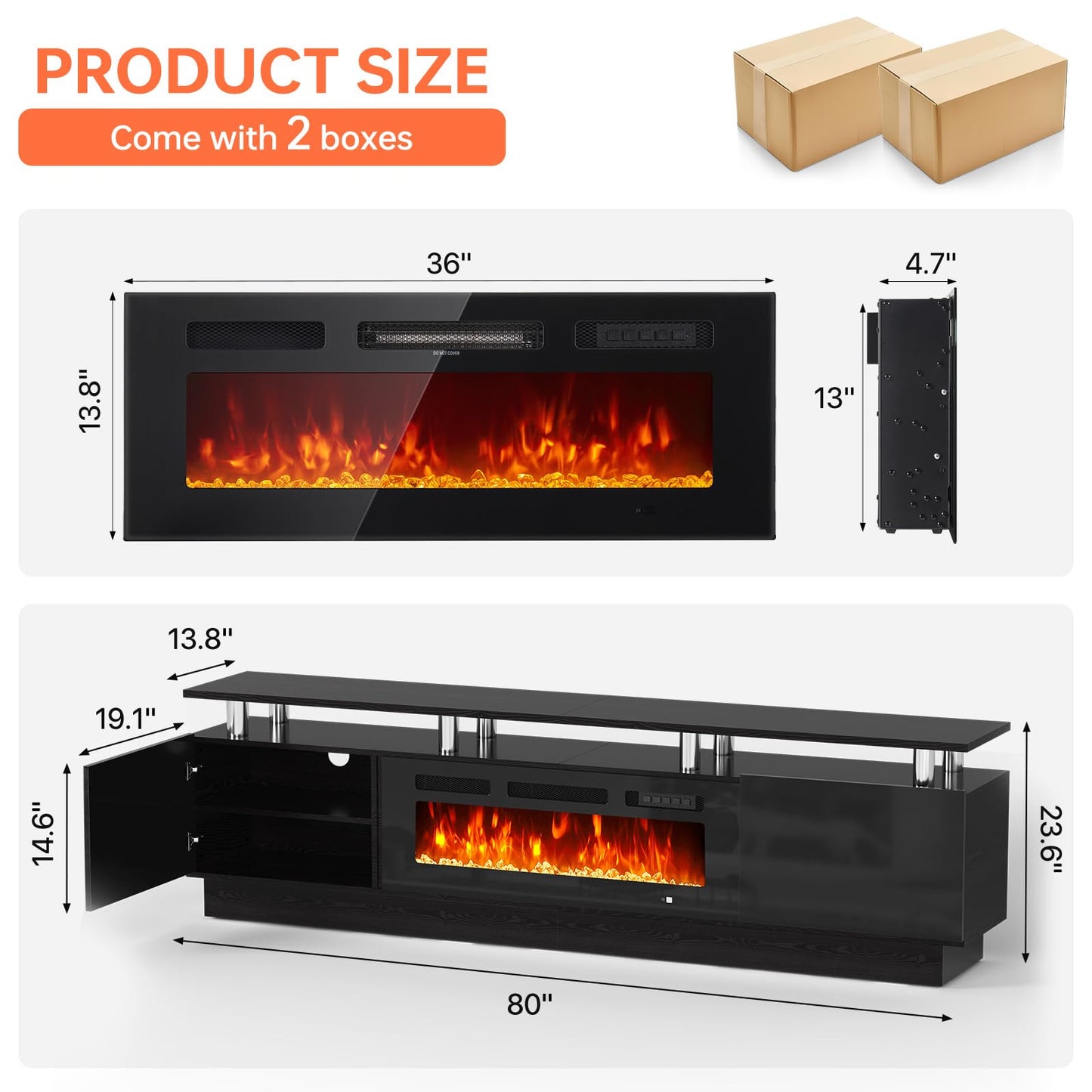 MXV 80" Fireplace TV Stand, Modern Entertainment Center & 36 Inch Electric Fireplace, Remote Control, LED Light, Fire Place Tv Stand for Living Room for TVs up to 90", Black + Black