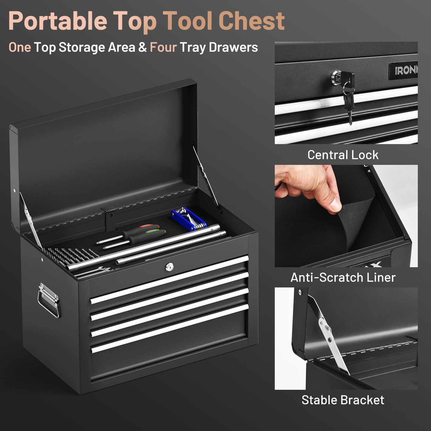 ERGOMASTER Rolling Tool Chest - Removable Top Box Large Bottom Cabinet with Casters and Lock System Tool-Box - Heighten 6-Drawer Black
