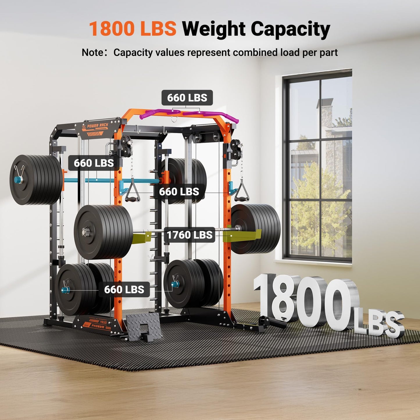 YOLEO Smith Machine with Independent Dual-Pulley System, 1800LBS Adjustable Cable Crossover Squat Rack, Multi-Functional Power Cage for Home Gym with More Workout Equipment LAT Pulldown Bar & Dip Bar