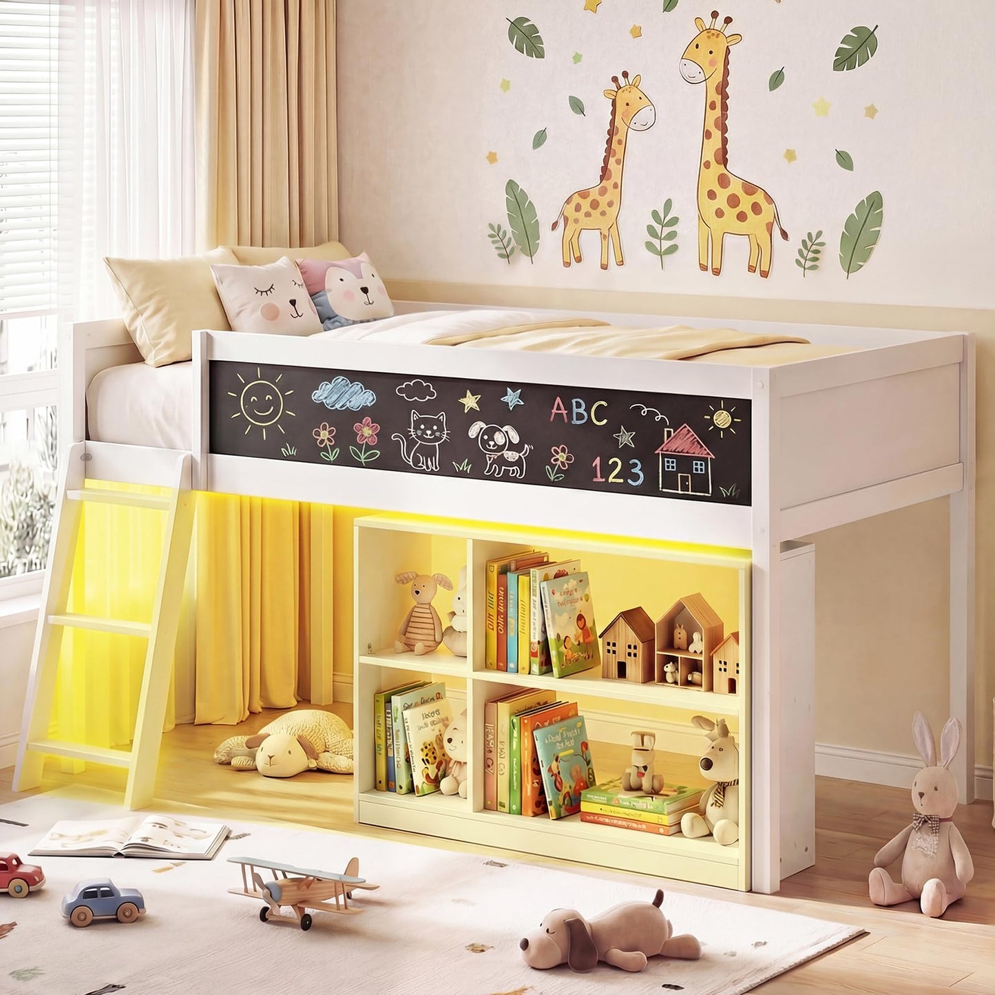Giantex Low Loft Bed with LED Lights, Twin Size Bed Frames for Kids w/Chalkboard, Removable Bookcase & Under-Bed Storage Space, Wood Loft Beds with Stairs, Safety Guardrail for Girls Boys (White)