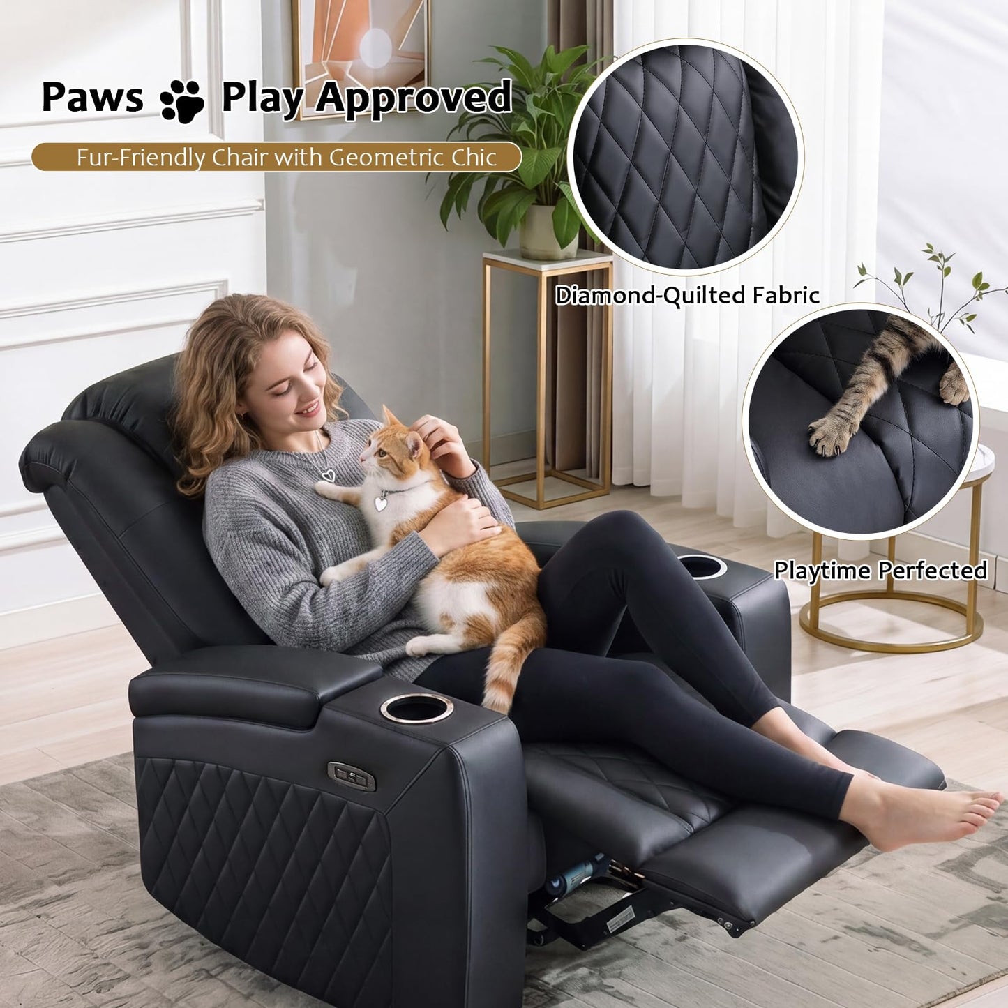 ANJ Home Theater Seating Power Recliner with Hidden Arm Storage, Faux Leather Recliners with LED Light, Electric Movie Reclining Chairs with USB Ports & Cup Holders for Media Living Room, Black