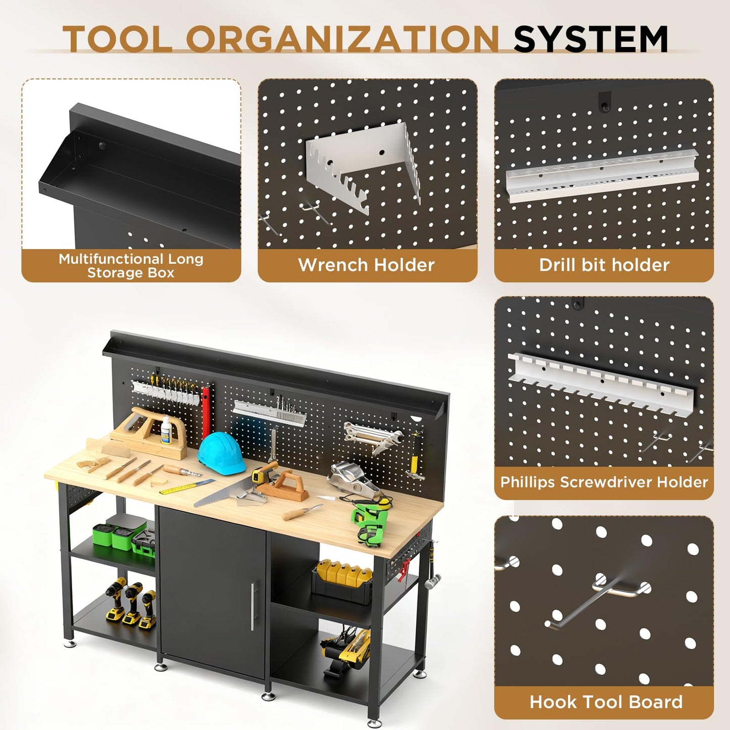KEIKI 60 Inch Heavy Duty Workbench with Cabinet and Pegboard, Wooden Top Large Garage Work Table with Power Outlet and Open Side Shelves, 2000 lbs Capacity Steel Frame for Shop, Black
