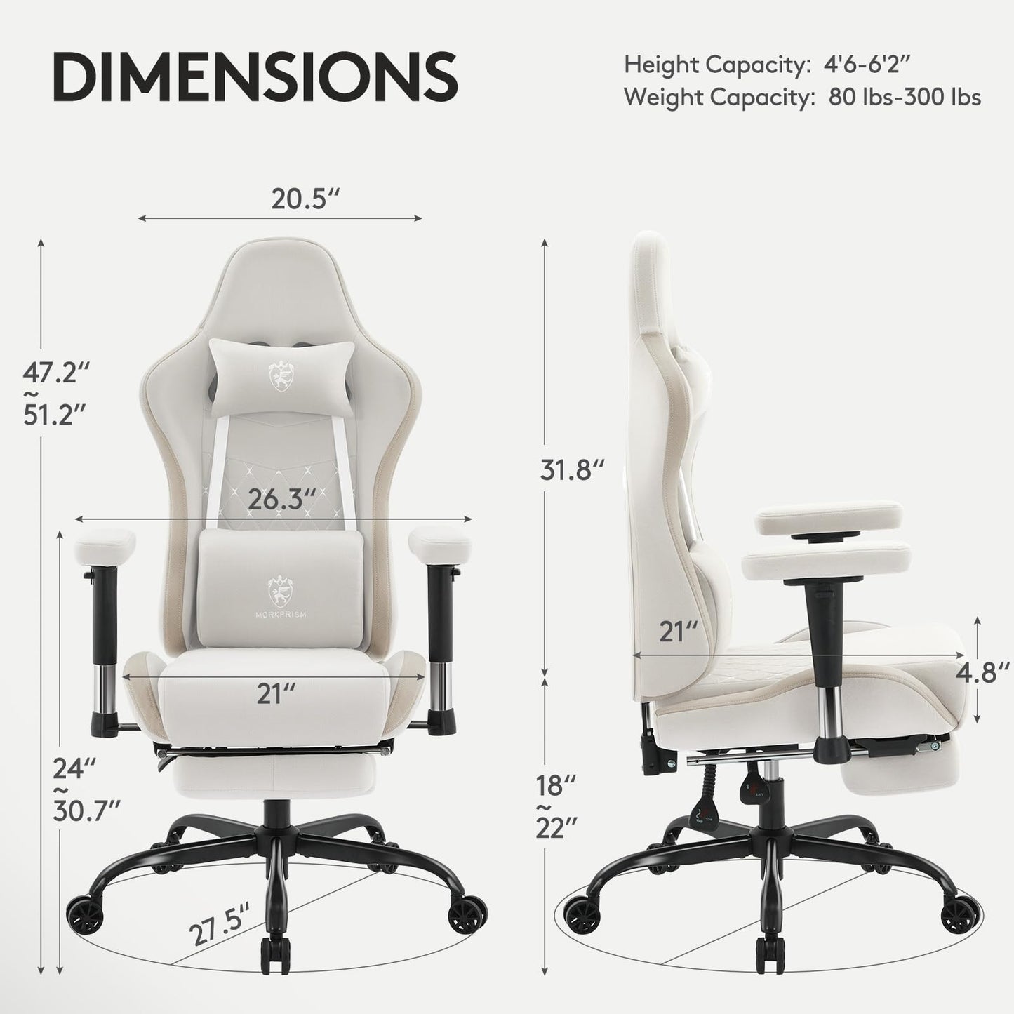 Morkprism Gaming Chair Breathable Fabric,Computer Office Chair with Footrest,Massage Lumbar Support and Gel Pad,Ergonomic Reclining Gamer Chair with Adjustable Armrests and Spring Cushion Beige