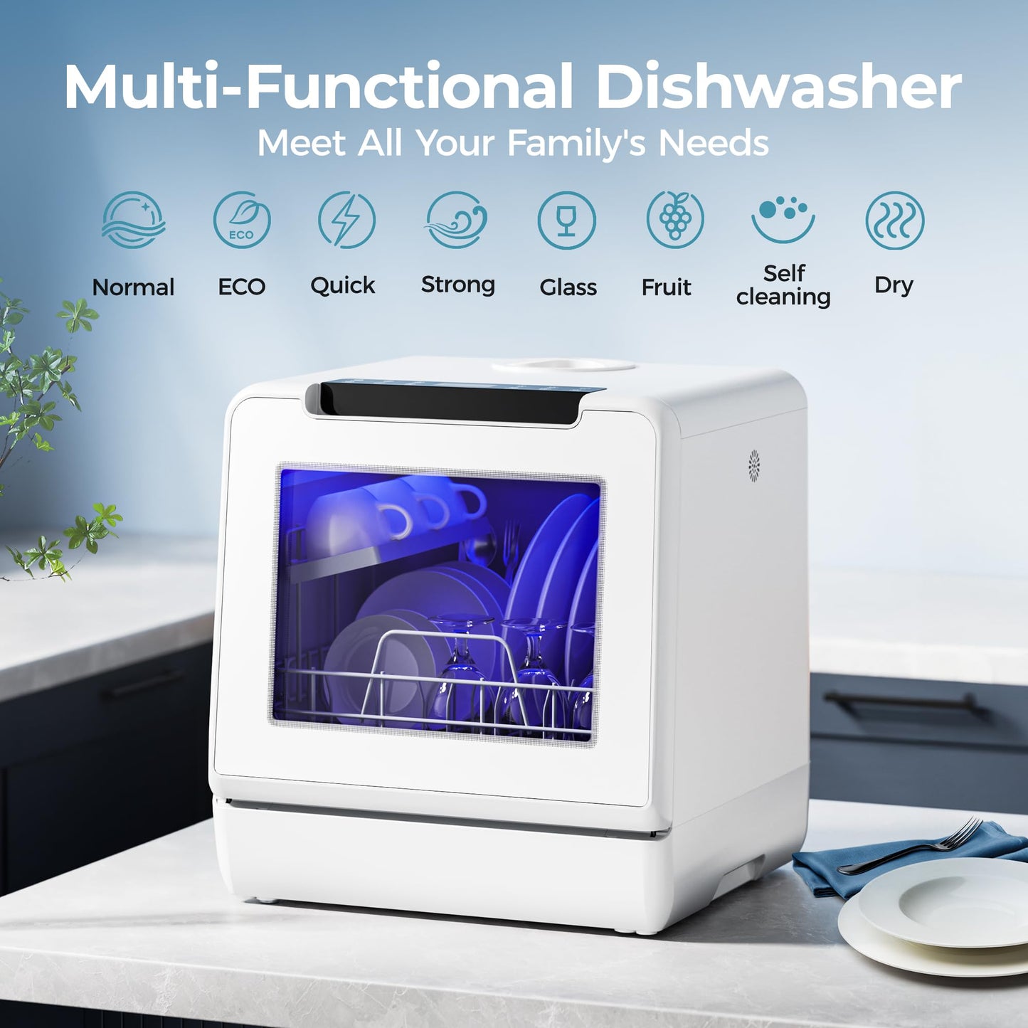 EUHOMY Countertop Dishwasher, 8 Programs Portable Dishwasher with 5L Built-in Water Tank and Inlet hose, No Hookup Needed, Mini Dishwasher with Self Clean/Baby Care/Air Dry, for Apartments, RVs, White
