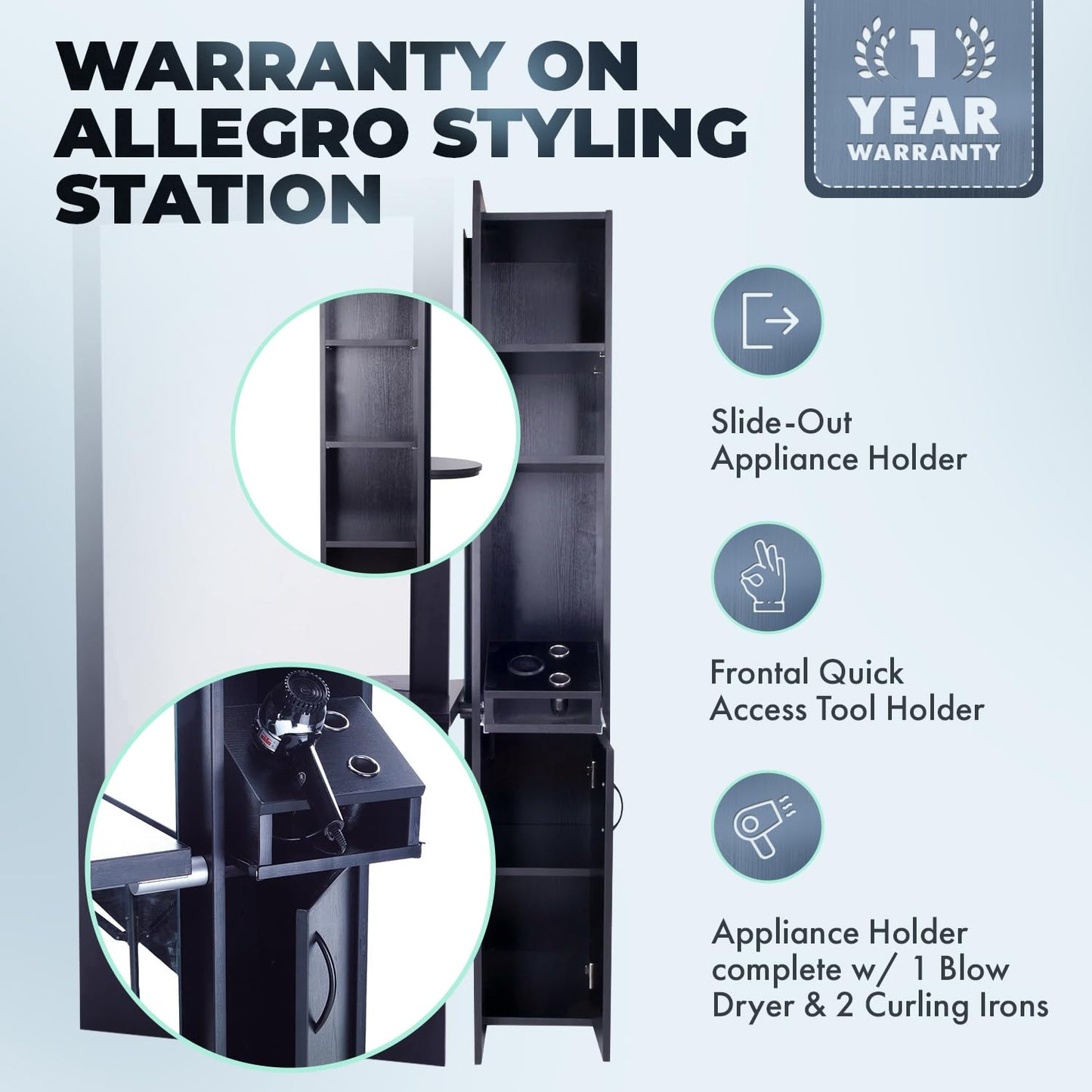 Buy-Rite Allegro Hair Styling Station, Black Salon Cabinet with Full-Length Mirror, Slide-Out Appliance Organizer, Quick-Access Tool Holder, 9 Storage Compartments, OD-1903B-BLK