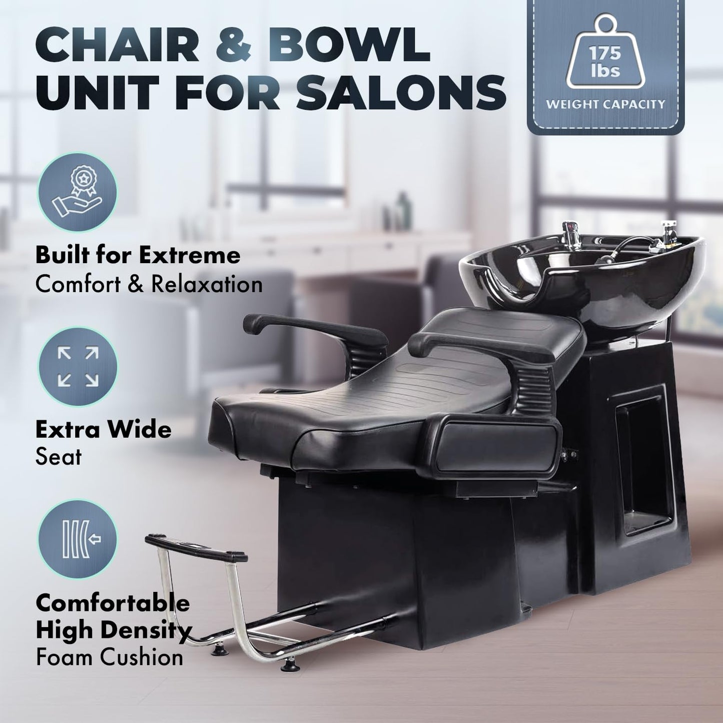 Buy-Rite Lounge Backwash Unit - Black Salon Shampoo Chair with Porcelain Sink, Adjustable Leg & Footrest, Ergonomic Headrest, Single Lever Faucet, Vacuum Breaker, TS-8012