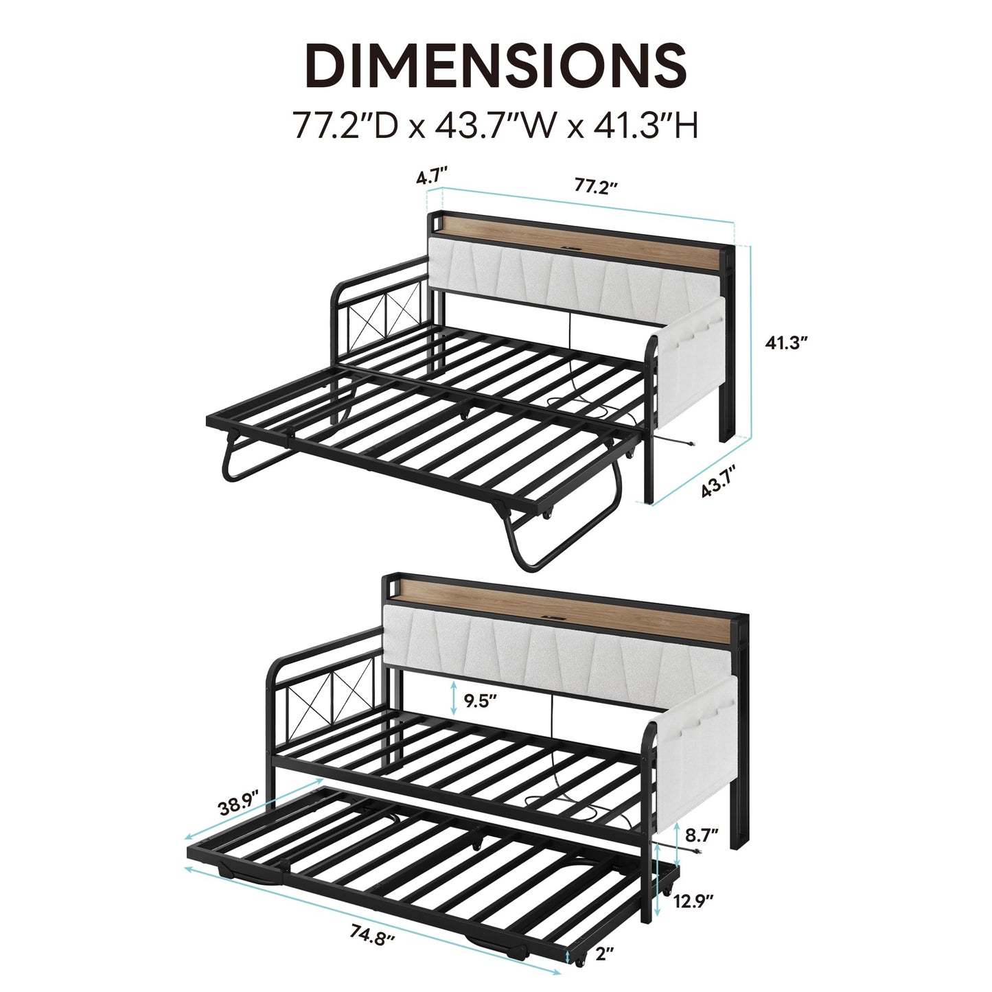 LIKIMIO Twin Daybed, Day Bed with Trundle, Storage Boucle Upholstered Headboard and Charging Station, Trundle Bed with Strong Supports for Living Room, Bedroom, and Guest Room, Cream