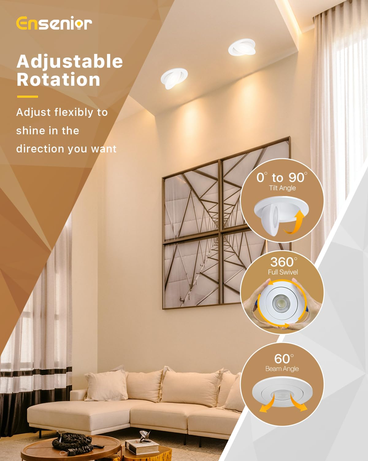 Ensenior 4 Inch Gimbal LED Recessed Light, Dimmable 2700K-5000K, 700LM, 6 Pack, FCC Certified, Model 769044
