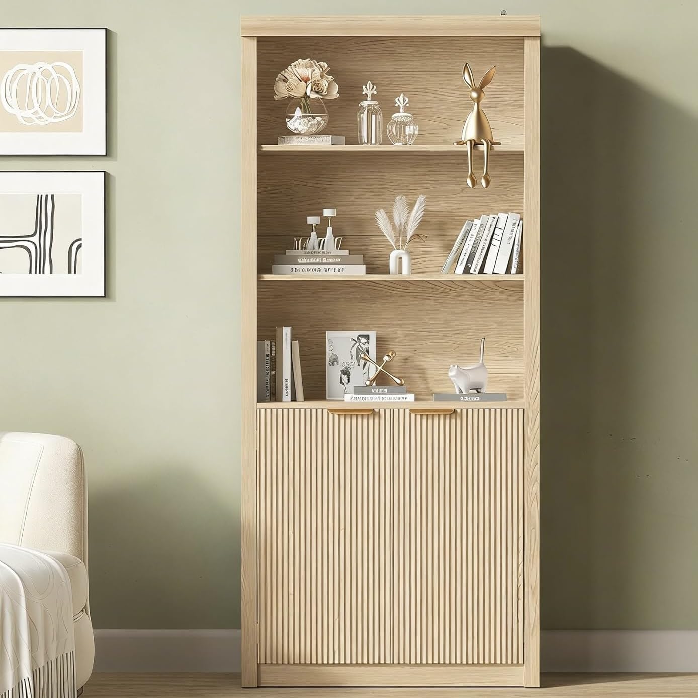 Garvee 71" Tall Bookshelf with Fluted Doors, 5 Tier Bookcase Display Shelves with Storage Cabinet & Adjustable Shelf, Mid-Century Modern Bookshelves for Home Office, Living Room, Oak