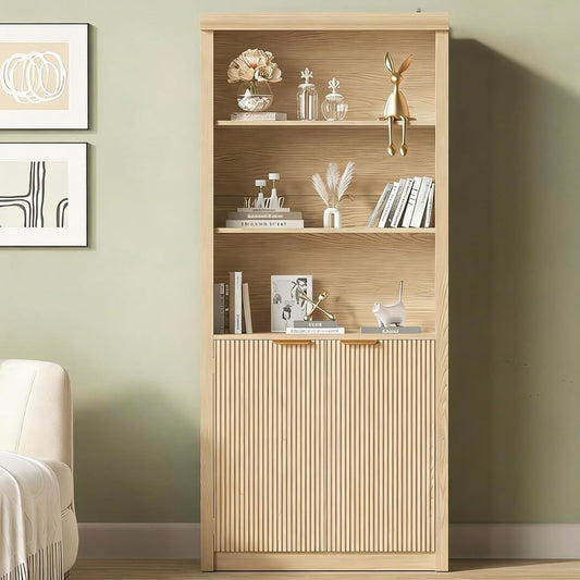Garvee 71" Tall Bookshelf with Fluted Doors, 5 Tier Bookcase Display Shelves with Storage Cabinet & Adjustable Shelf, Mid-Century Modern Bookshelves for Home Office, Living Room, Oak
