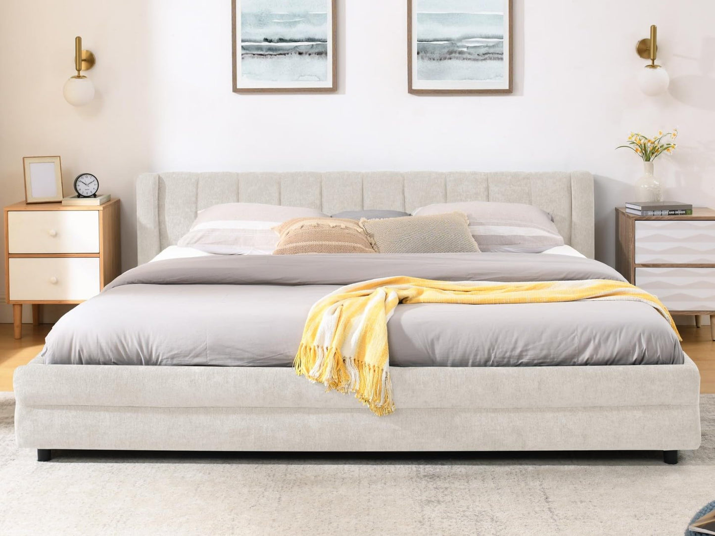 KEIKI Thick Chenille King Bed Frame with 4 Storage Drawer & Upholstered Tufted Cushioned Headboard, Modern Solid Wood Floor Platform Cloud Bed Frame for Bedroom, No Box Spring Needed, Beige