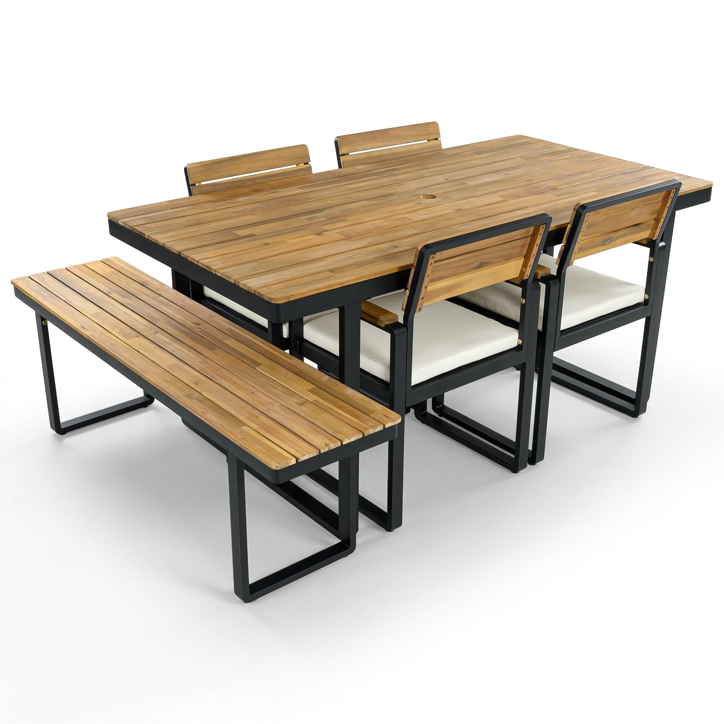 Merax Outdoor Farmhouse Acacia Wood Dining Set of 6, Patio 68 Inch Large Kitchen Table,4 Chairs with Cushions & 1 Bench for 6-7 Person, Patio Dining Furniture Set for Deck, Yard, Porch,Beige