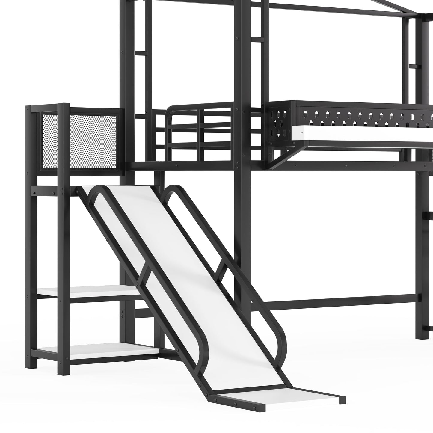 Twin Size Loft Bed with Storage Stairs, Shelves, Bedside Shelf and Wardrobe, Twin Loft Bed with Slide, Charging Station(USB Port, Outlets) and LED Light, House Loft Beds Frame for Girls, Boys, Black