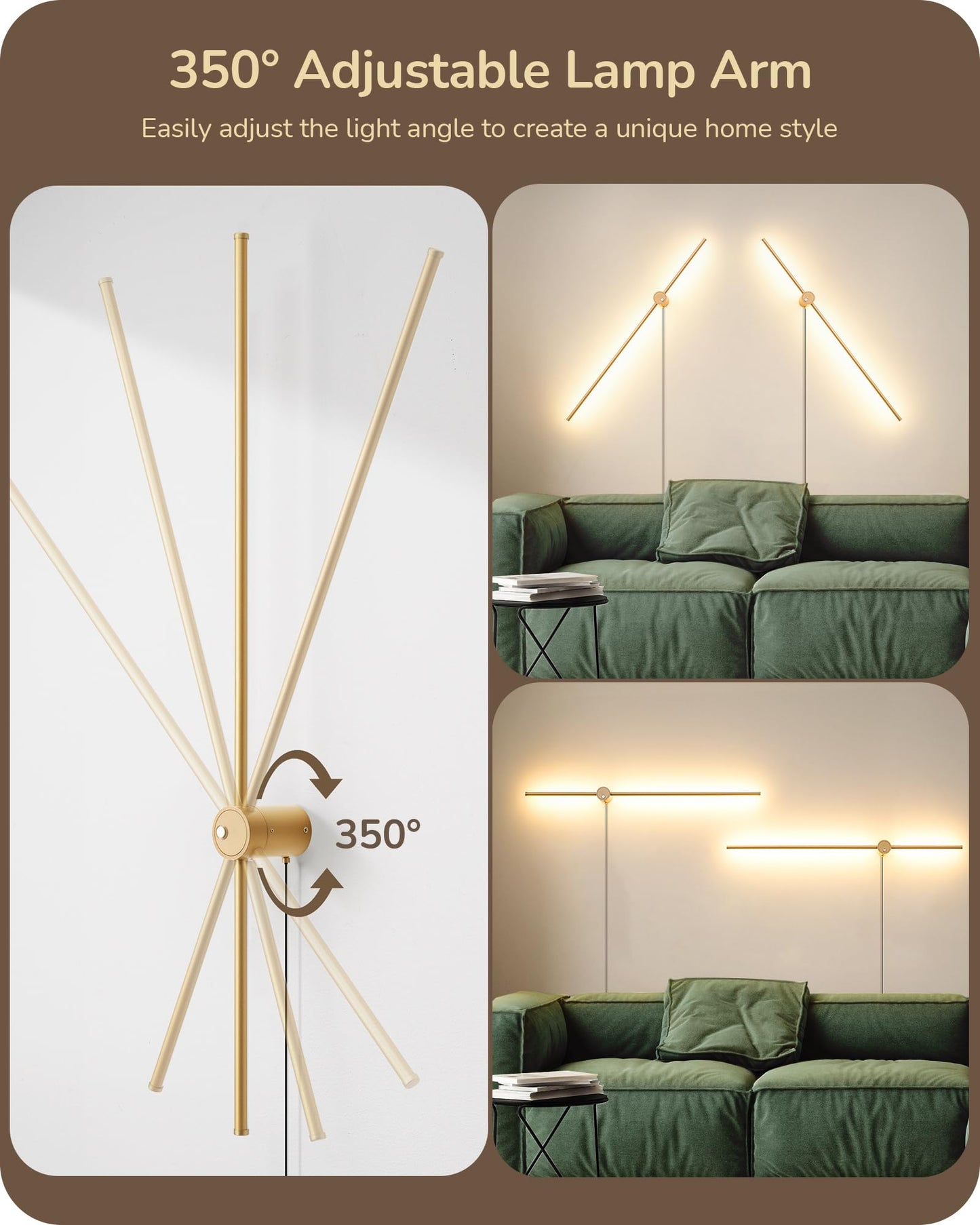 EDISHINE Wall Sconce Set of Two, Dimmable 2700K-6000K LED, 39.4in, Gold, Metal, Touch Control, Remote, 350? Rotation
