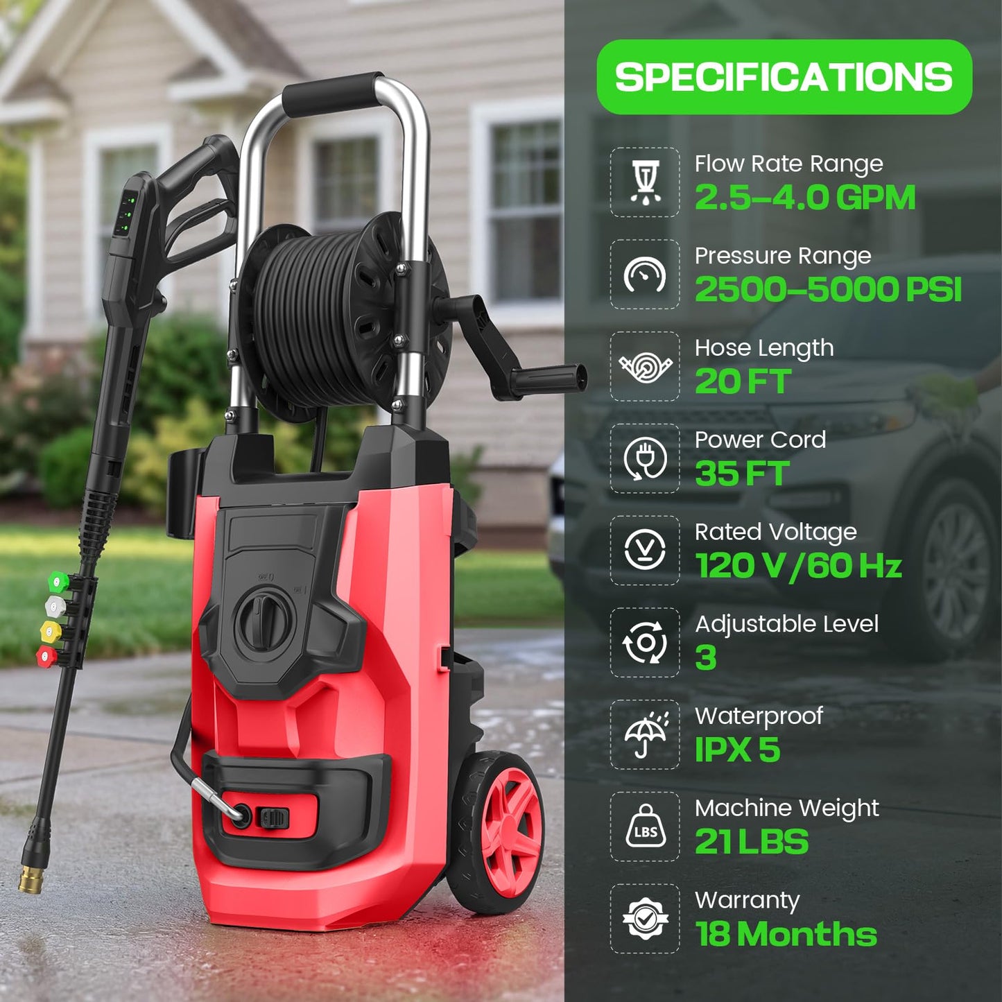 Imdot 2026 New Pressure Washer 5000 PSI with 3 Levels Adjustable Pressure Gun, Portable Pull-Handle, 4 Nozzles and Foam Cannon, Heavy Duty Power Washer for Home/Car/Fence/Garden, Red
