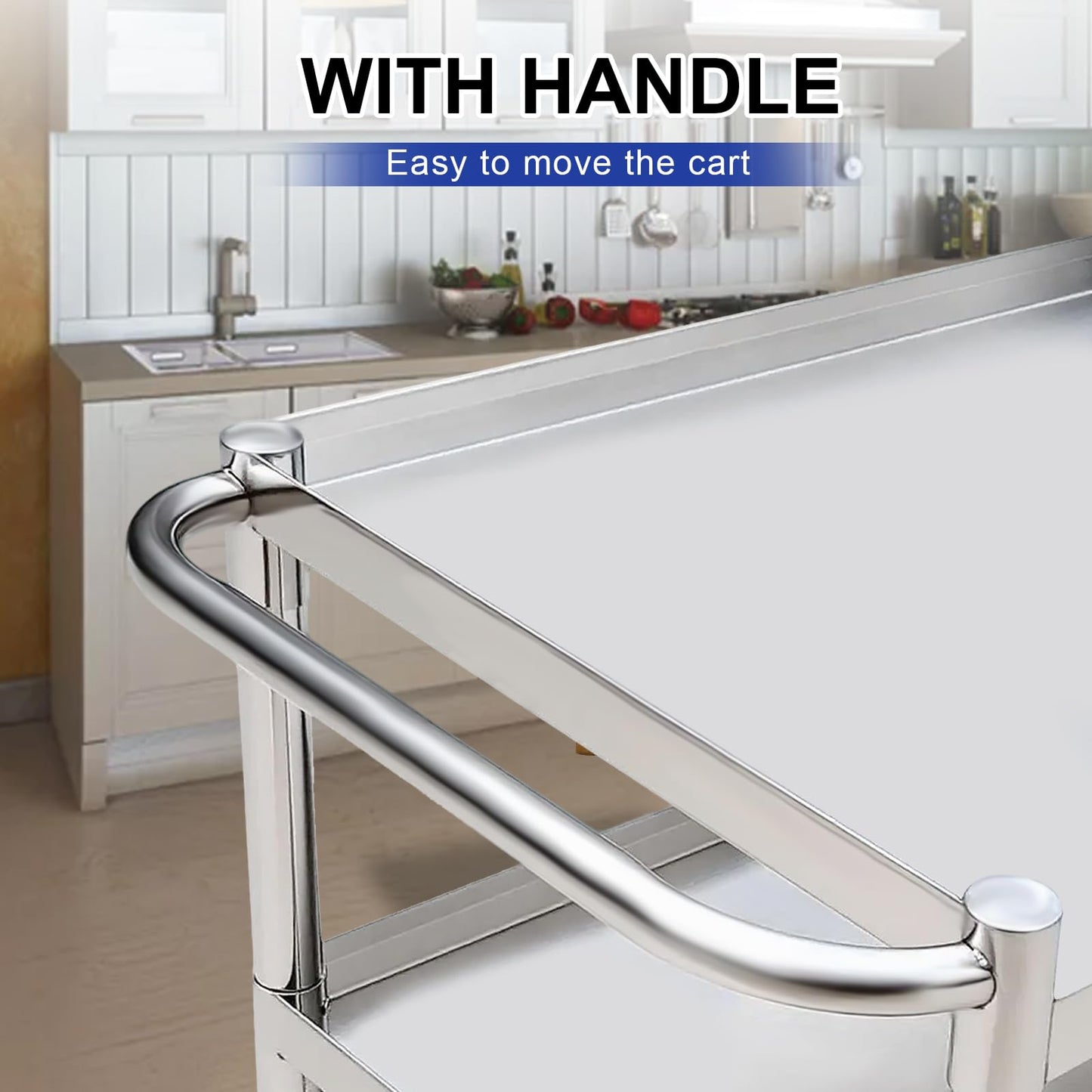 Hutioai 3-Shelf Stainless Steel Rolling Utility Cart - Heavy-Duty Metal Mobile Storage with Handle & Locking Wheels - Ideal for Kitchen, Medical, Lab, Restaurant & Home Use (16''x24''x34'')