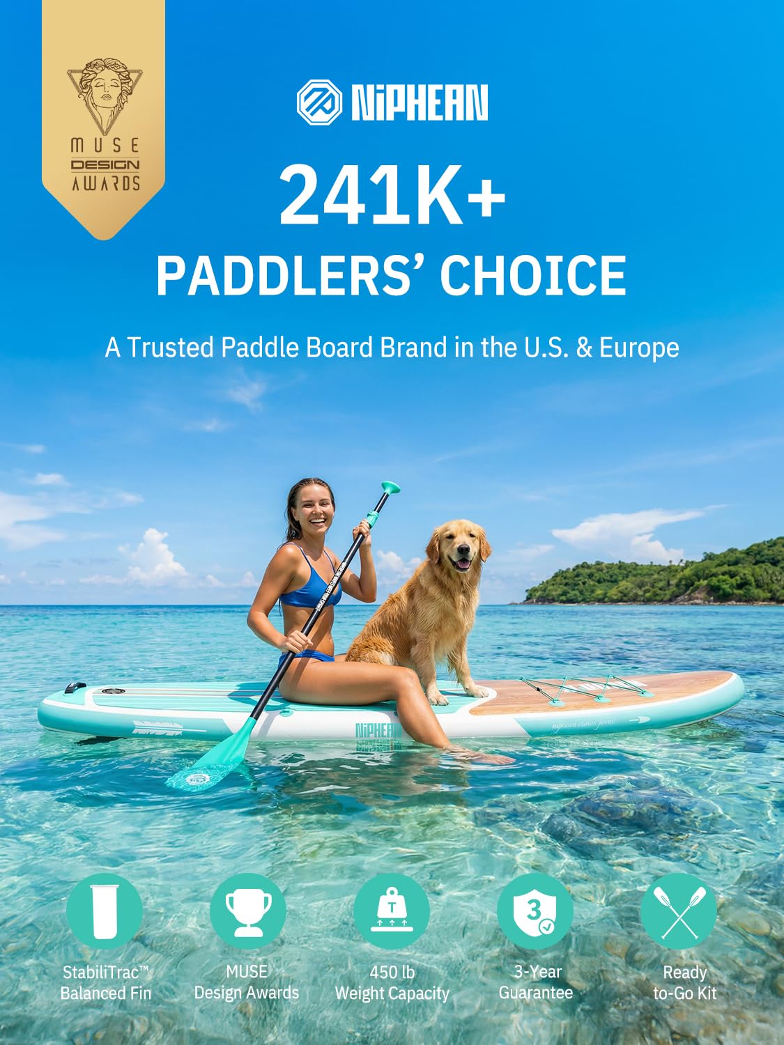 Niphean Paddle Board with Seat, 10’6’’ Paddleboard Inflatable Paddle Board with Seat Anti-Slip EVA Deck and StabilTrac Fin, Inflatable Paddle Boards for Adults & Youth of All Skill Levels