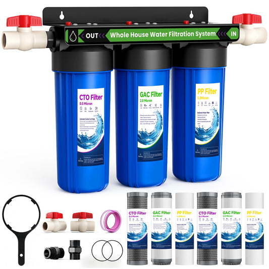 Whole House Filtration System,3-Stage Whole House Water Filter System,Reduces Chlorine Odor Bad Taste, Improves Skin Health, 3/4" Ports with 2 Valves, Extra 2 Sets of Replacement Filters
