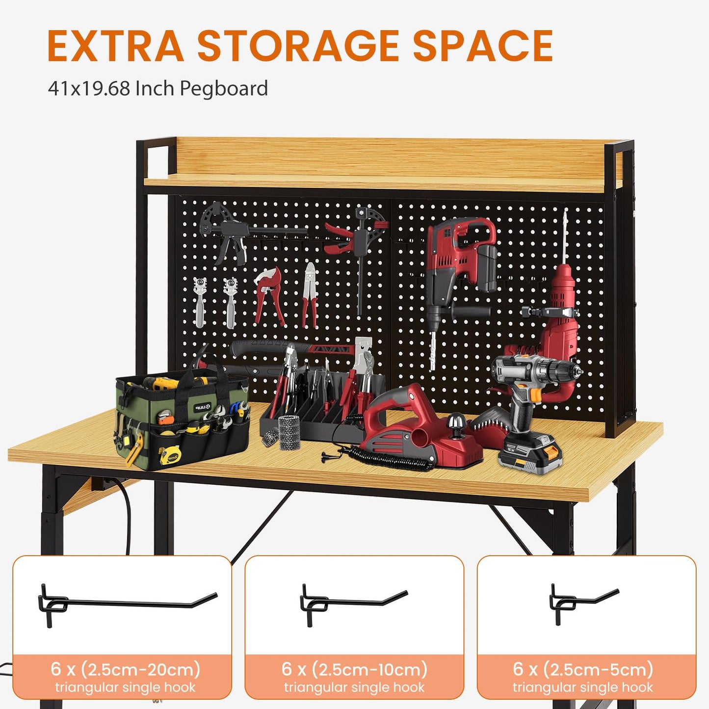 KEIKI 48 Inch Adjustable Workbench with Pegboard and Outlets, Heavy Duty Rolling Work Bench with Wheels, Wooden Desktop Shelf Hooks, 2000 lbs Capacity for Garage Workshop Home, Yellow Black