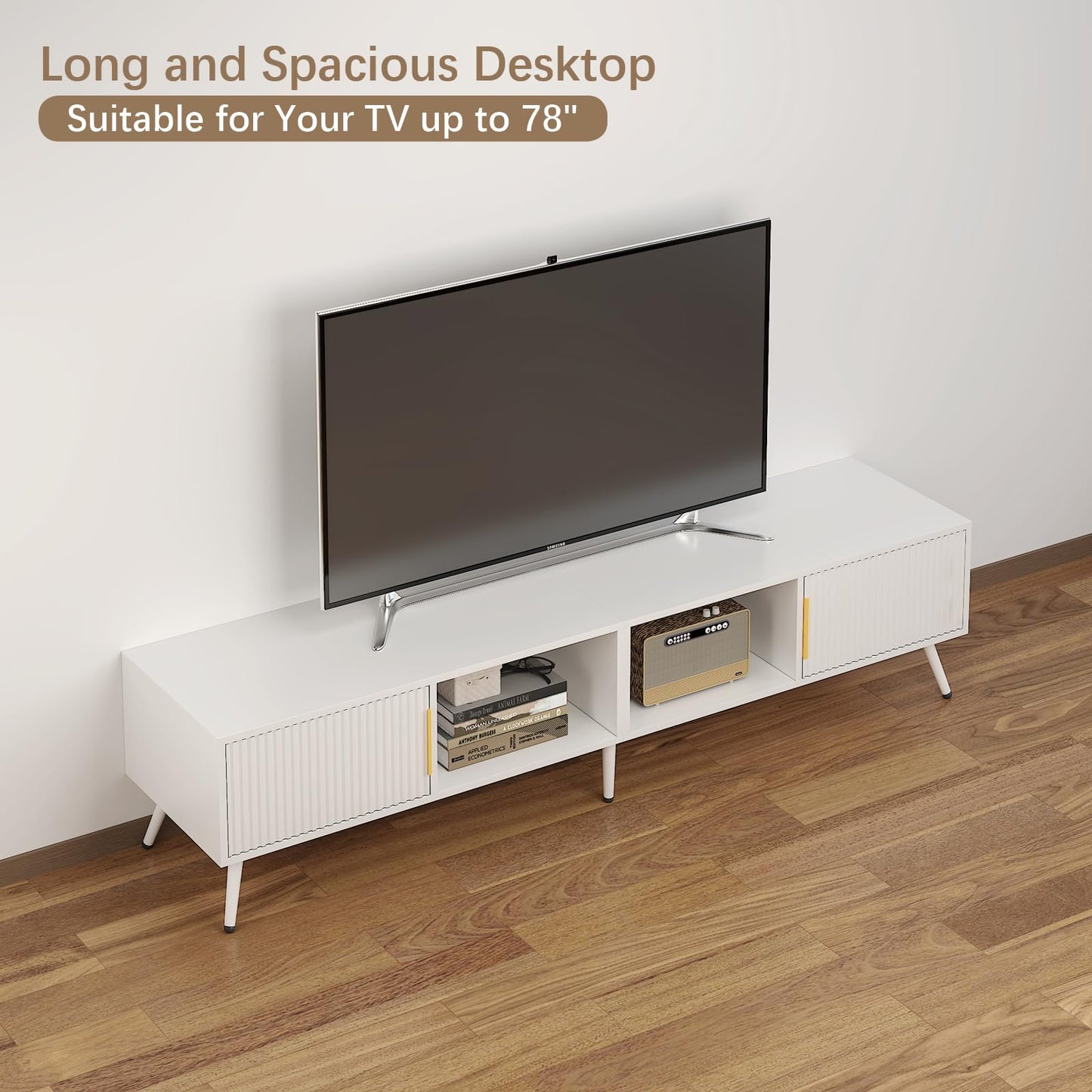 HedoAjim Fluted TV Stand for 55 65 70 75 78 inch TV, Modern Chic Entertainment Center for TVs, Entertainment Center with Storage, Television Stands, TV Media Console for Bedroom, Living Room (White)